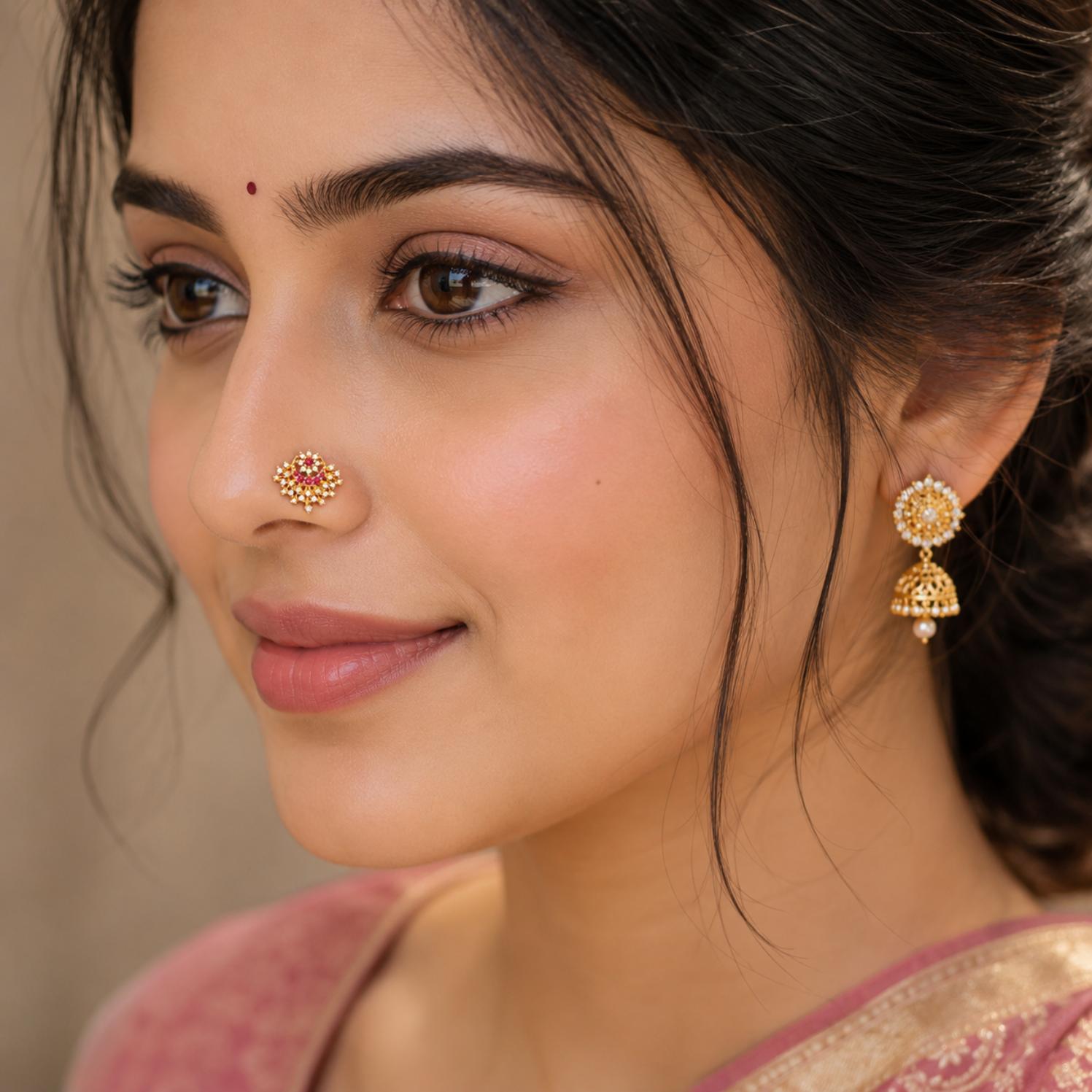 Gold Plated Pink & White CZ Traditional Nose Pin – Floral Filigree Statement Design