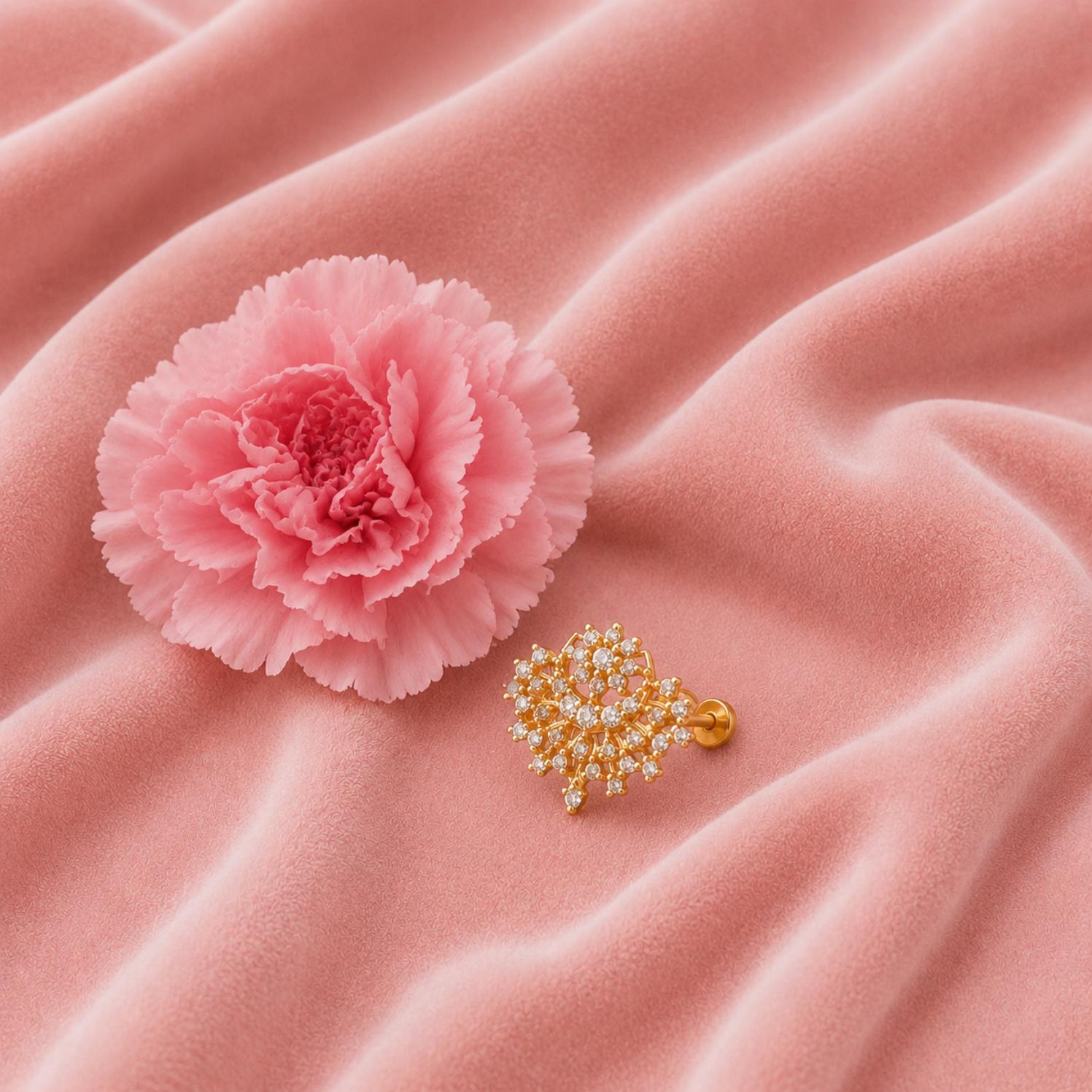 Gold Plated White CZ Traditional Nose Pin – Floral Filigree Statement Design