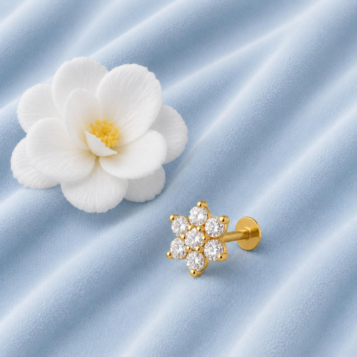 White CZ Round Six-Petal Floral Nose Pin – Sterling Silver Gold Plated