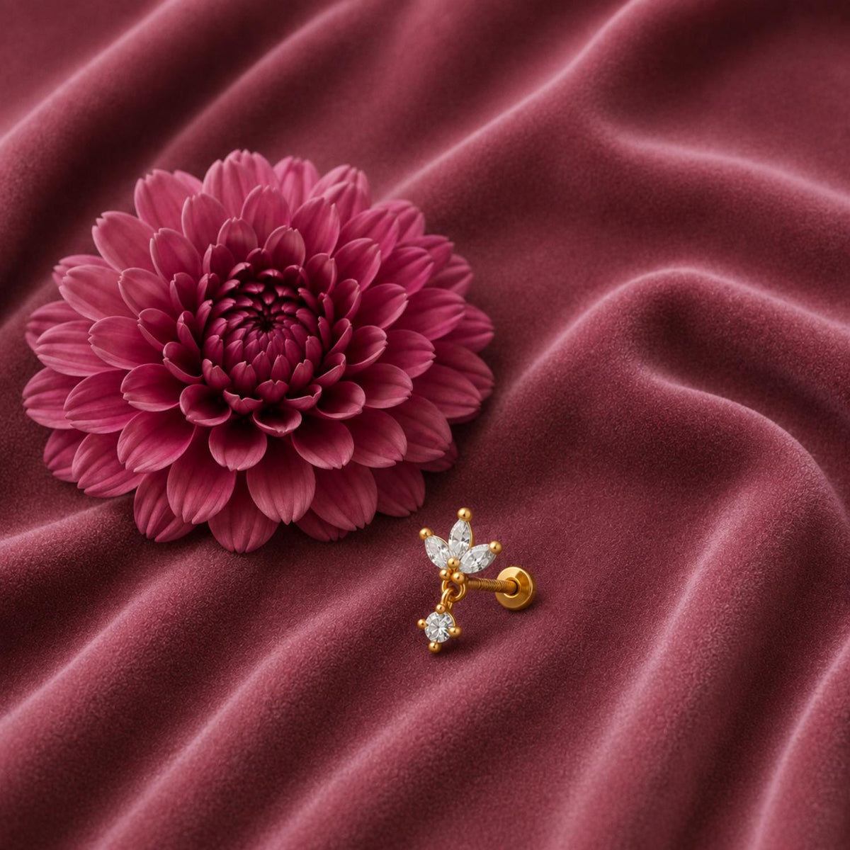 White CZ Leaf Cluster Nose Pin - Sterling Silver Gold Plated