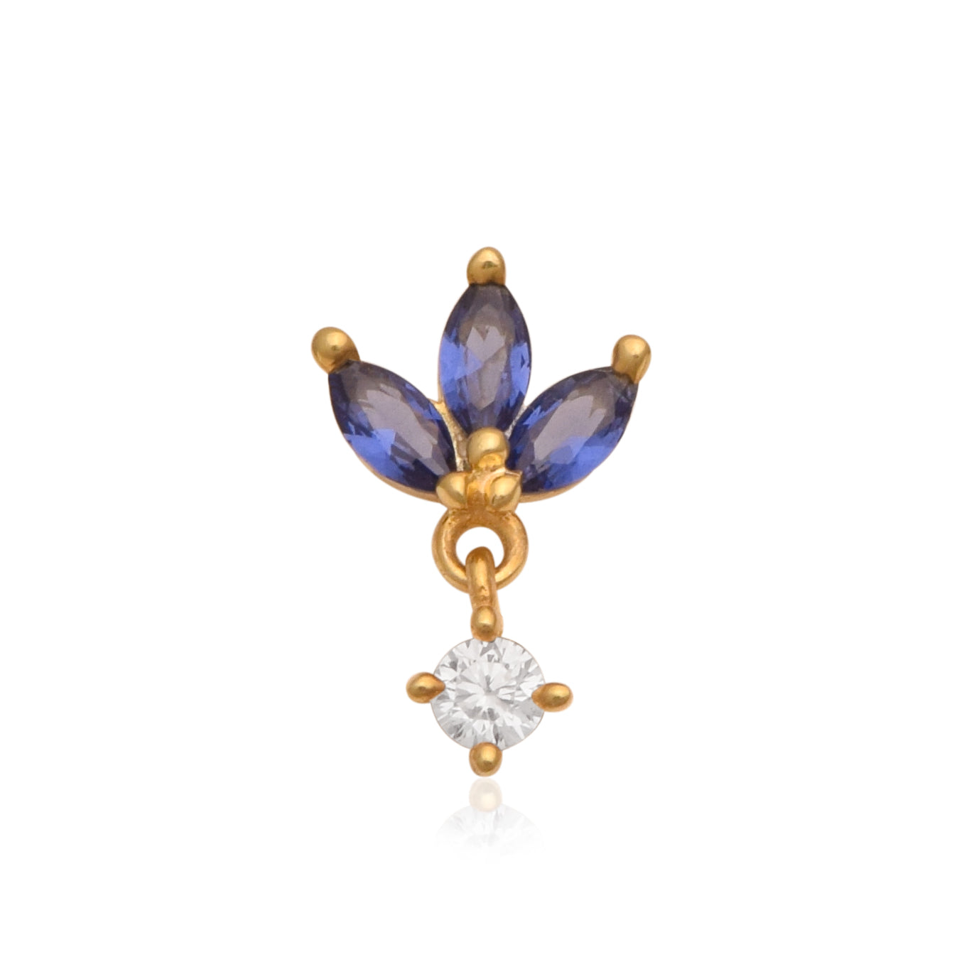 Gold Plated Blue CZ Floral Nose Pin with Dangle White Stone – Elegant Ethnic Design