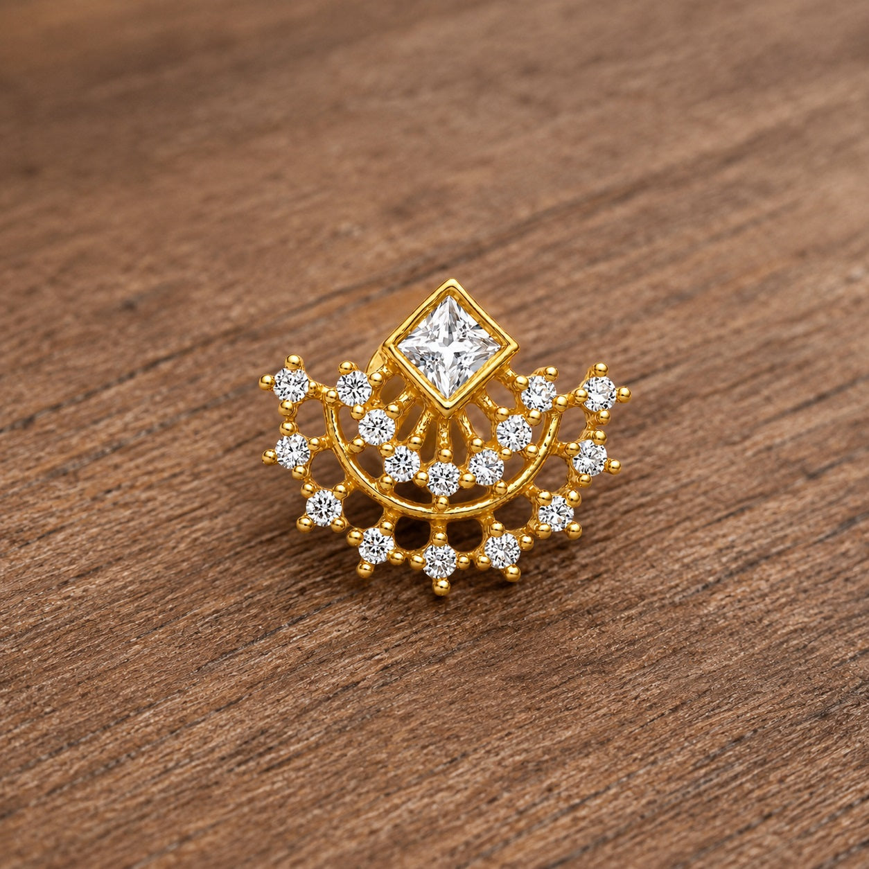 Gold Plated Princess Cut White CZ Nose Pin - 925 Sterling Silver