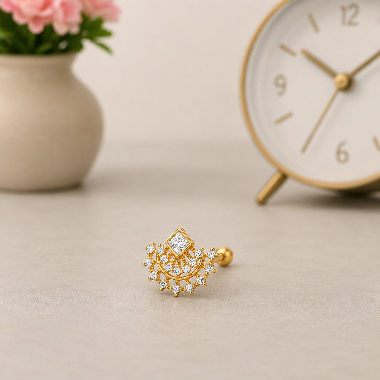 Gold Plated Princess Cut White CZ Nose Pin - 925 Sterling Silver