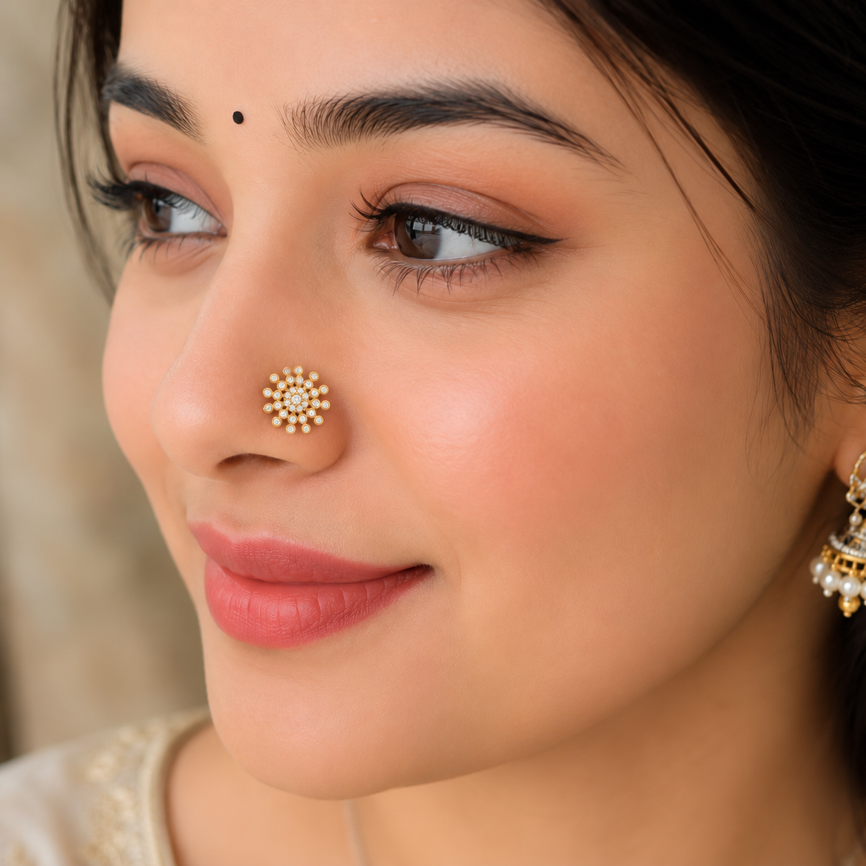 Gold Plated White CZ Floral Nose Pin – Sparkling Snowflake Statement Design