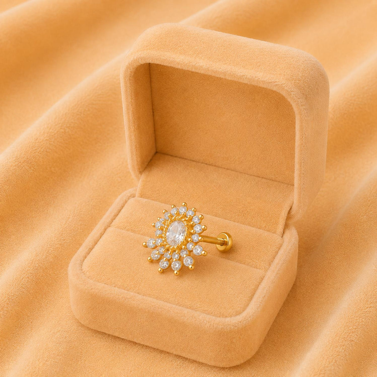 White CZ Sunburst Nose Pin - Sterling Silver Gold Plated