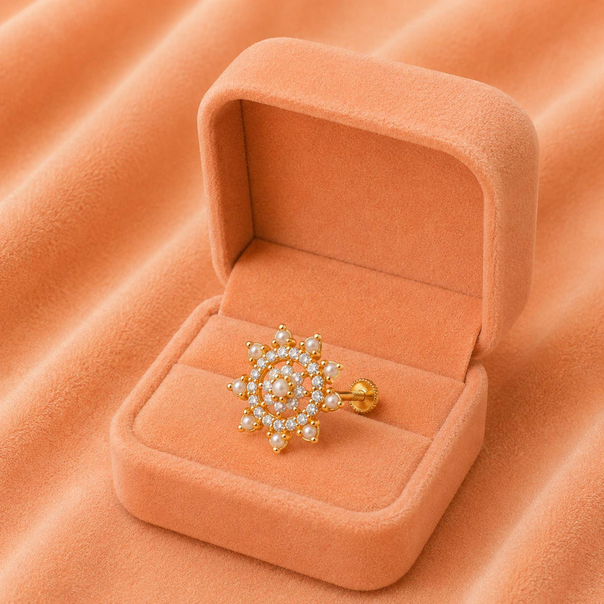 Pearl & White CZ Floral Star Cluster Nose pin - Gold Plated 925 Silver