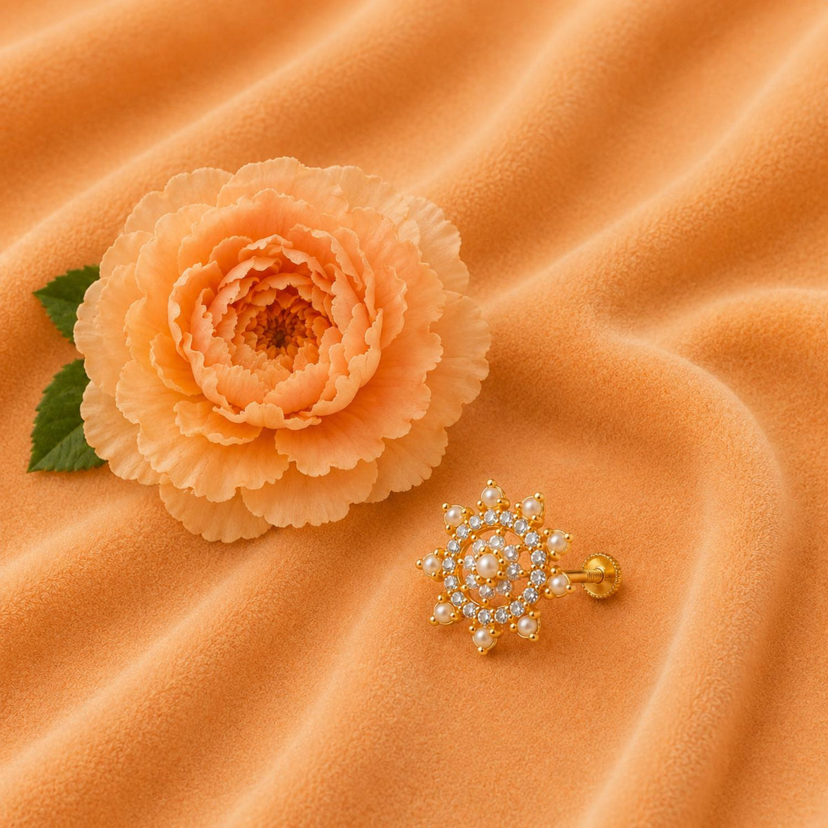 Pearl & White CZ Floral Star Cluster Nose pin - Gold Plated 925 Silver