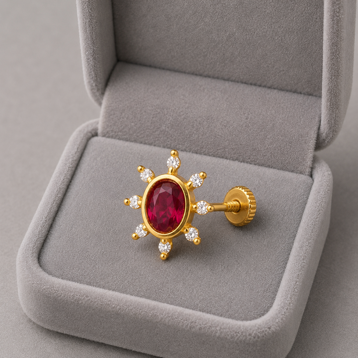 Red CZ Oval Sunburst Ethnic Nose Pin – Sterling Silver Gold Plated