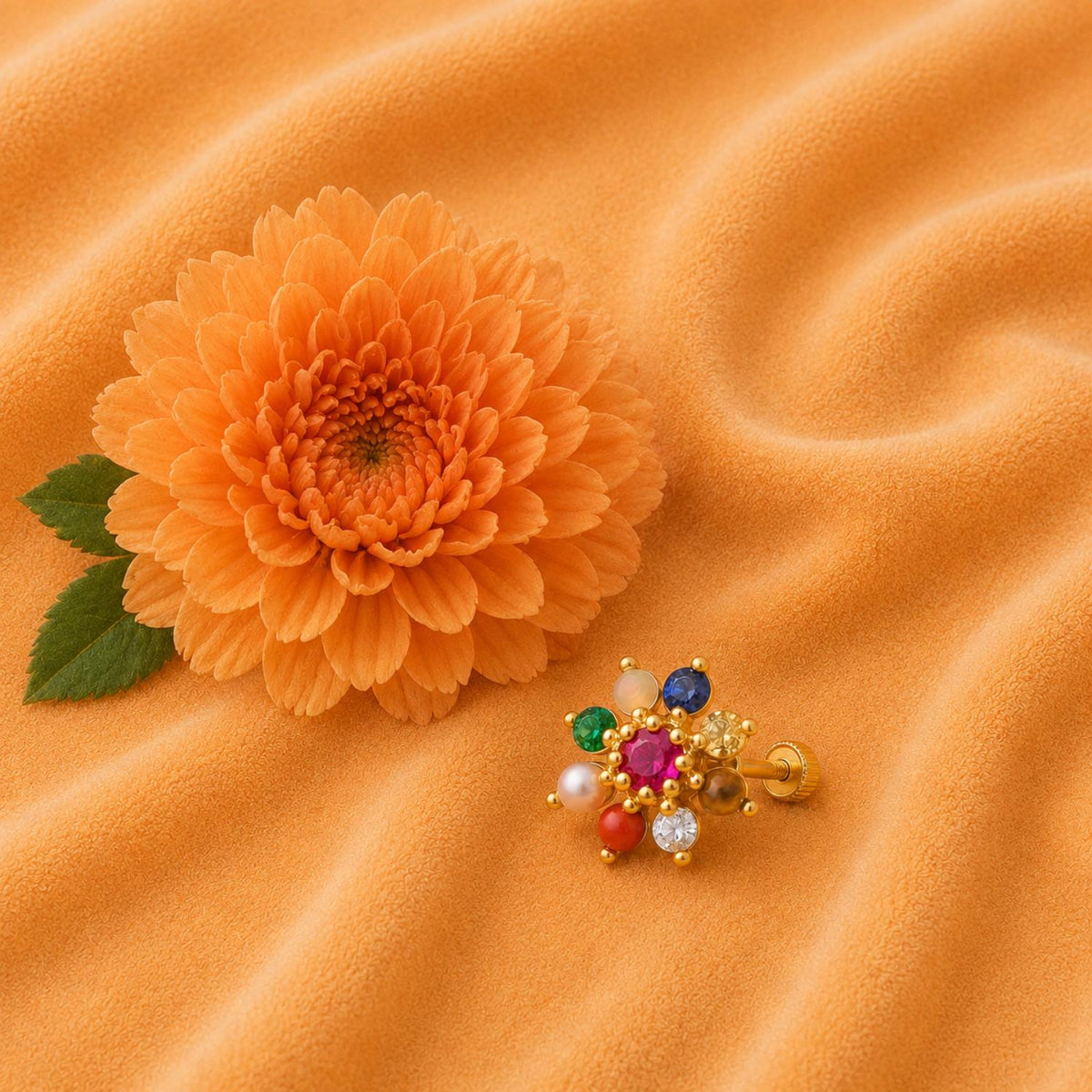 Navratna Floral Nose Pin – Sterling Silver Gold Plated