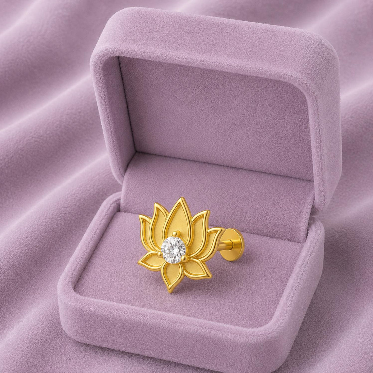 White CZ Center Lotus Flower Nose Pin – Sterling Silver Gold Plated