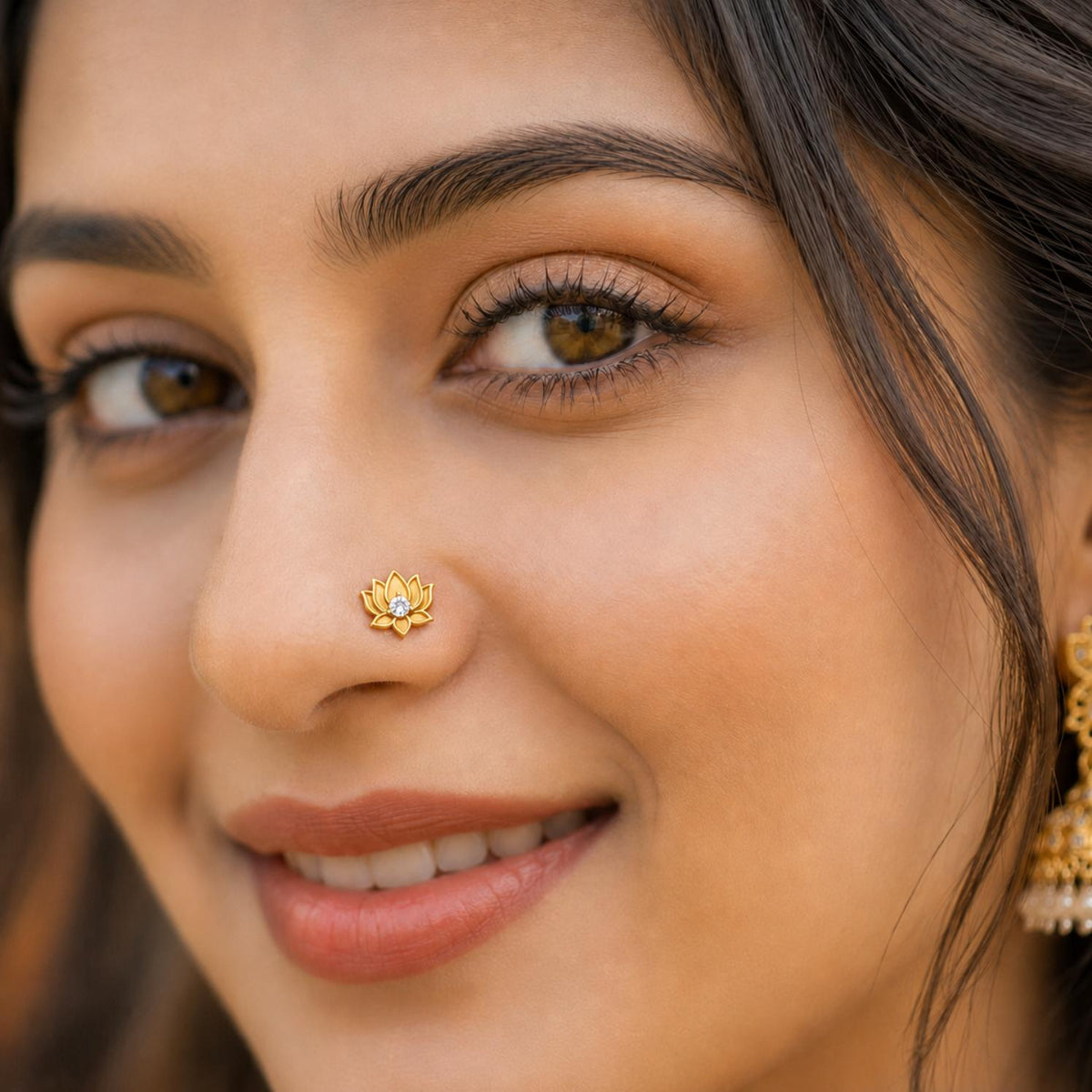 White CZ Center Lotus Flower Nose Pin – Sterling Silver Gold Plated