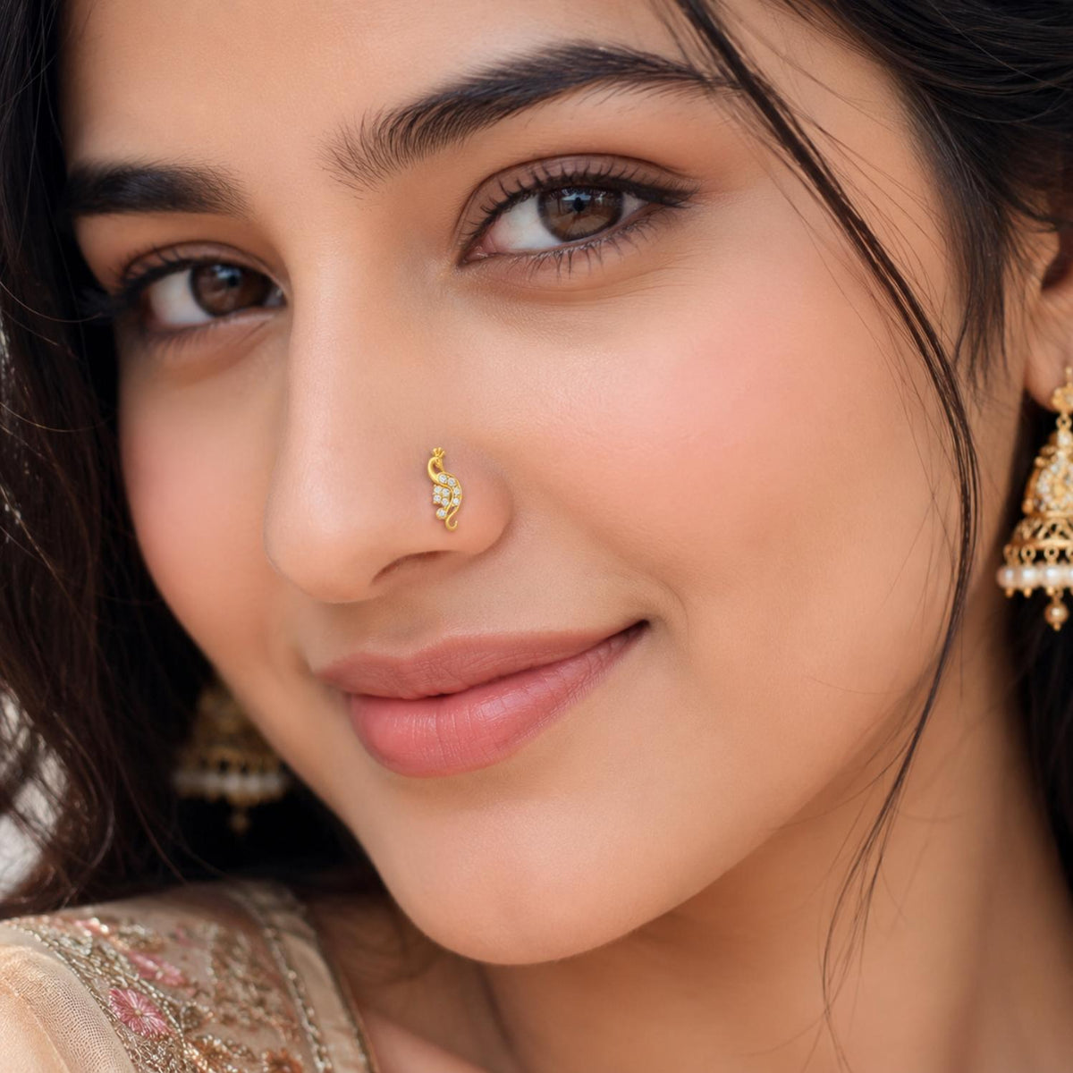 White CZ Peacock Motif Nose Pin – Sterling Silver Gold Plated