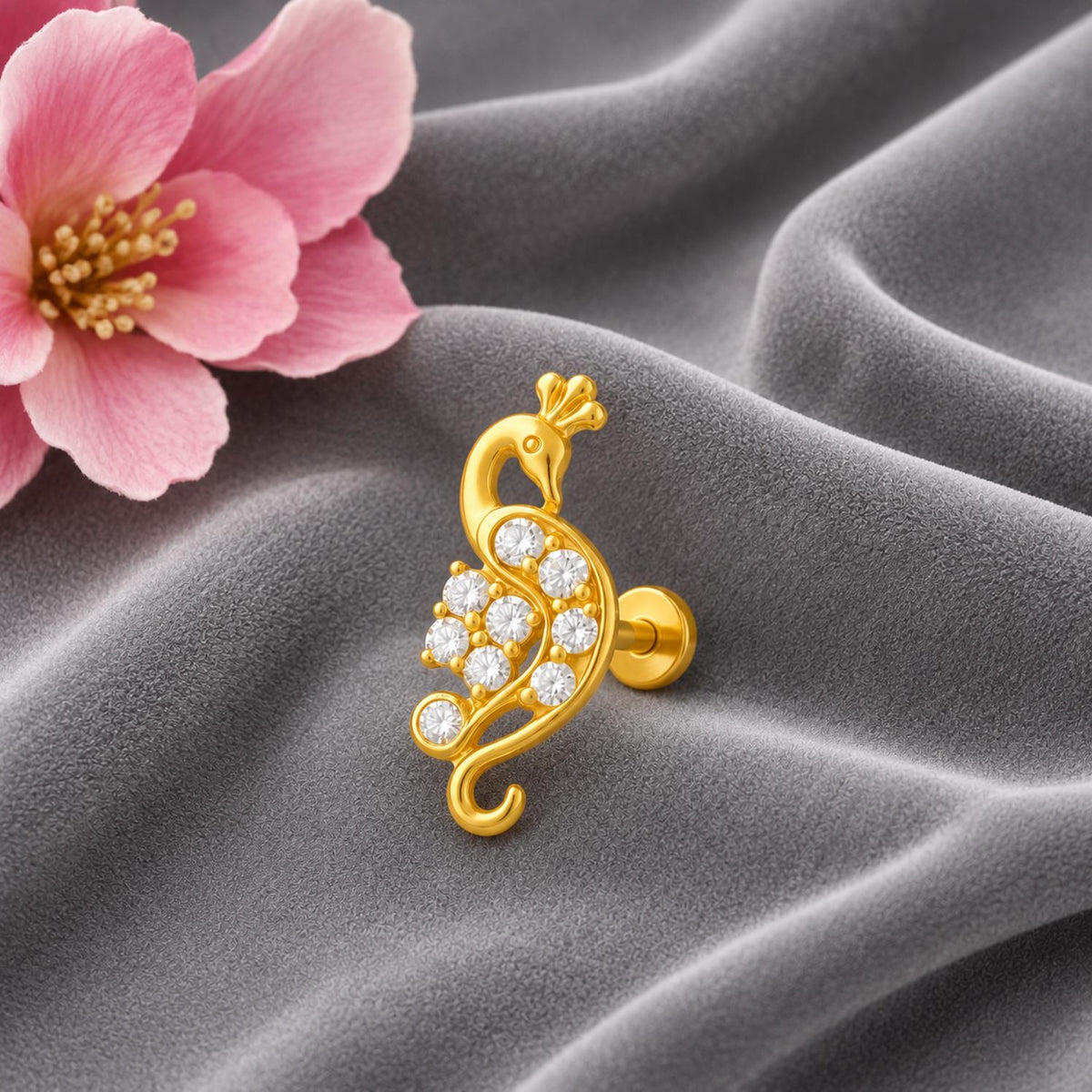 White CZ Peacock Motif Nose Pin – Sterling Silver Gold Plated