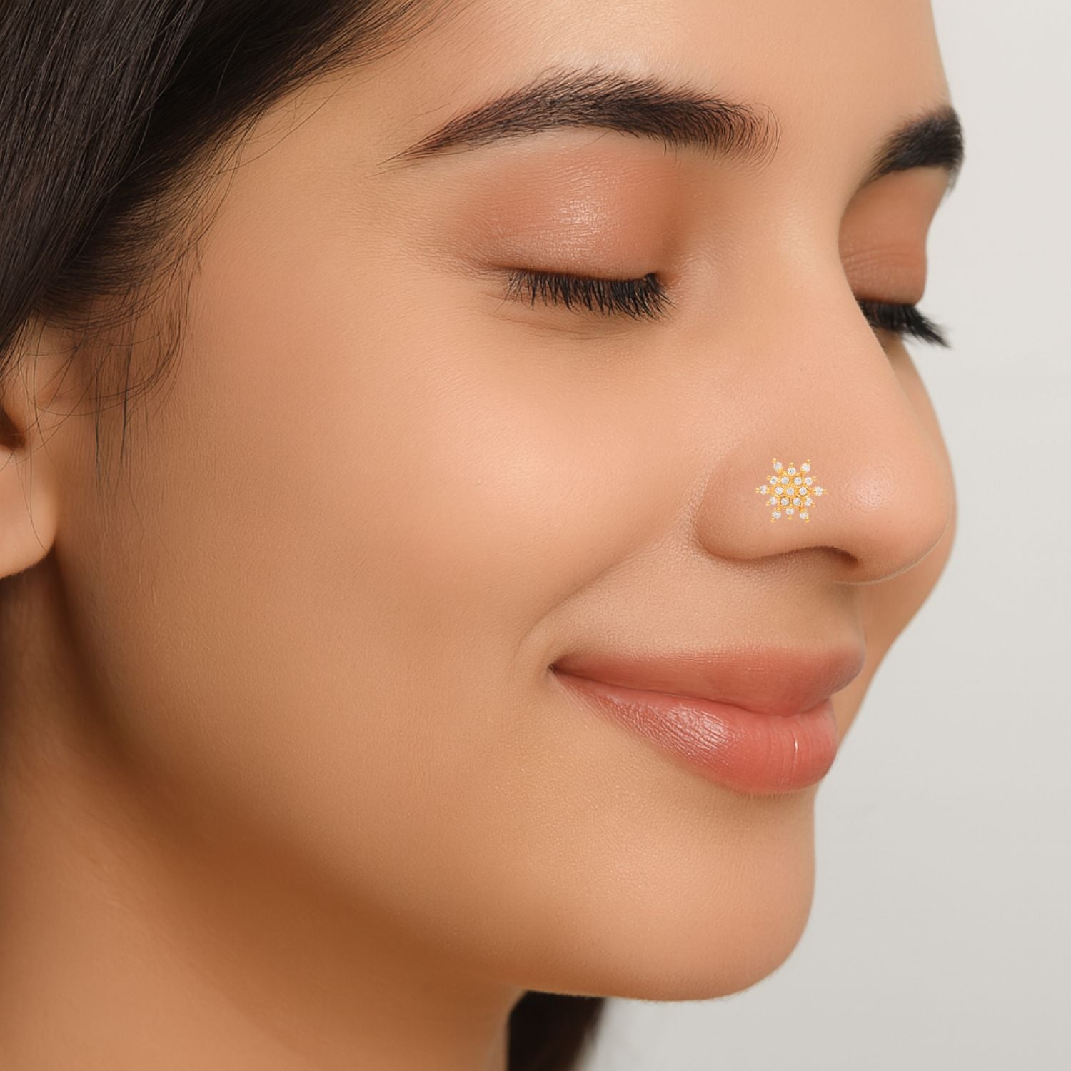 White CZ Floral Star Nose Pin - Sterling Silver Gold Plated