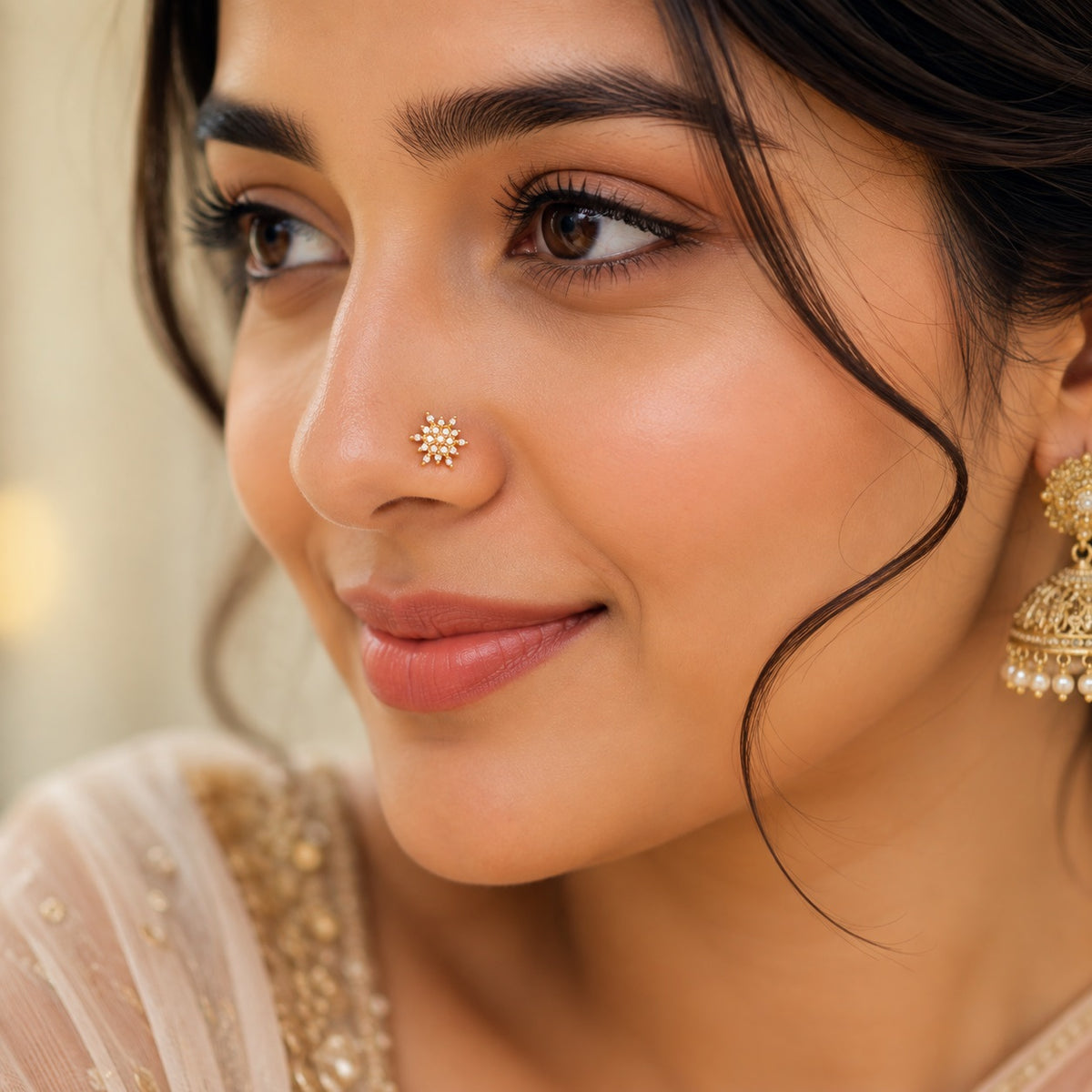 White CZ Floral Star Nose Pin - Sterling Silver Gold Plated