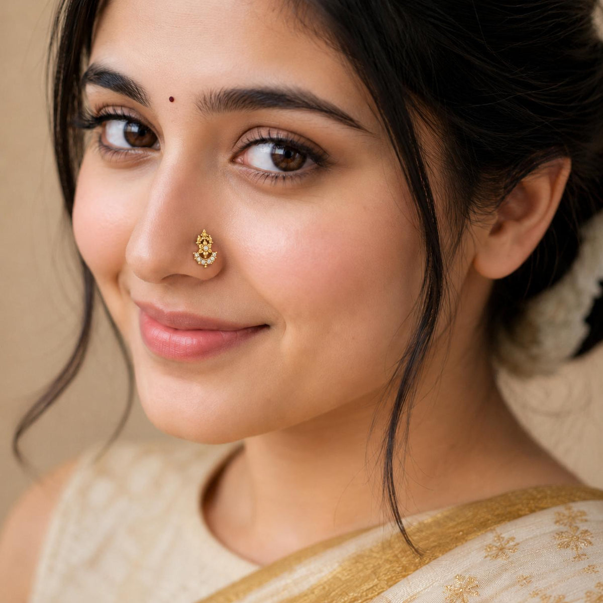 White CZ Temple-Inspired Floral Nose Pin – Sterling Silver Gold Plated