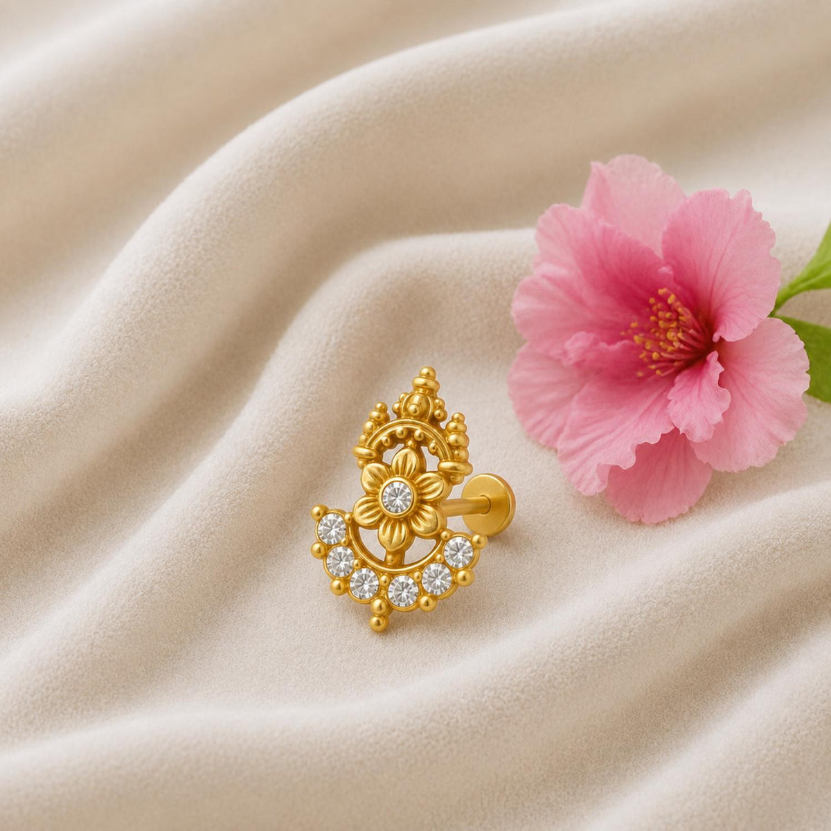 White CZ Temple-Inspired Floral Nose Pin – Sterling Silver Gold Plated