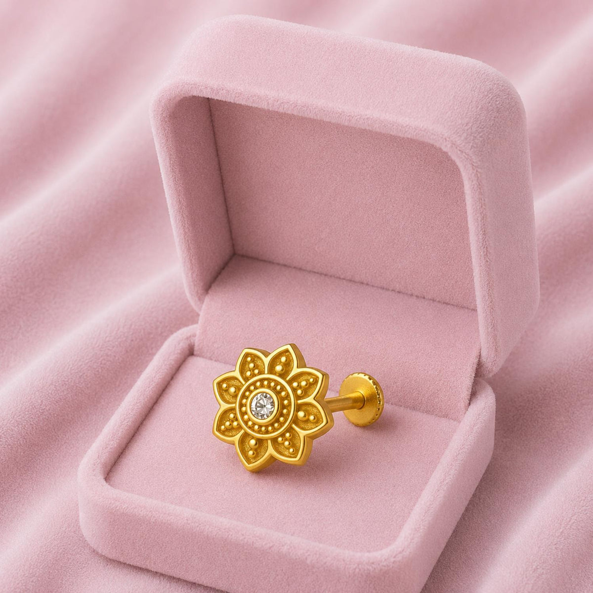 White CZ Center Mandala Floral Nose Pin – Sterling Silver Gold Plated