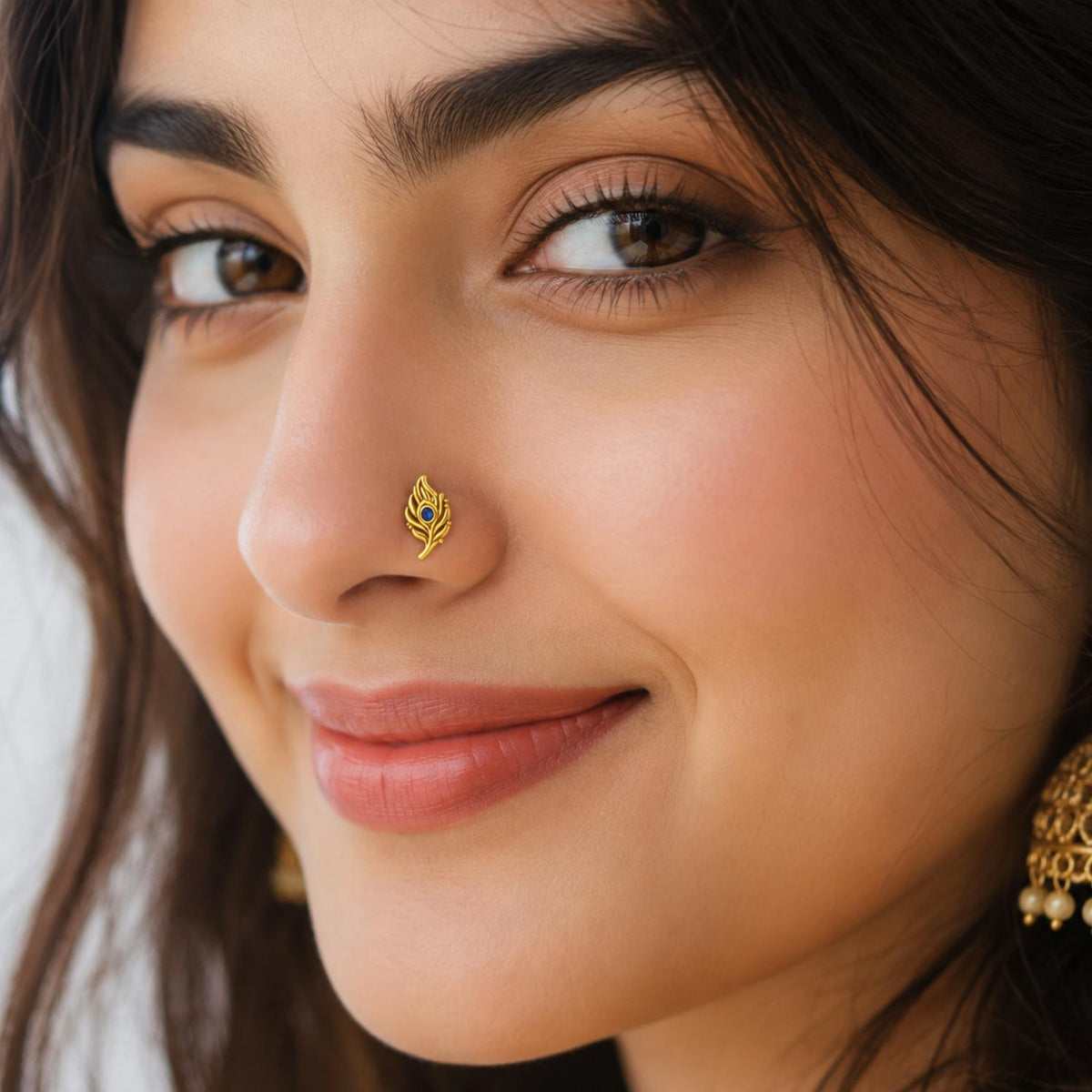 Blue Cz Peacock Feather Nose Pin – Sterling Silver Gold Plated