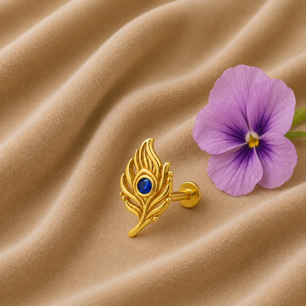 Blue Cz Peacock Feather Nose Pin – Sterling Silver Gold Plated