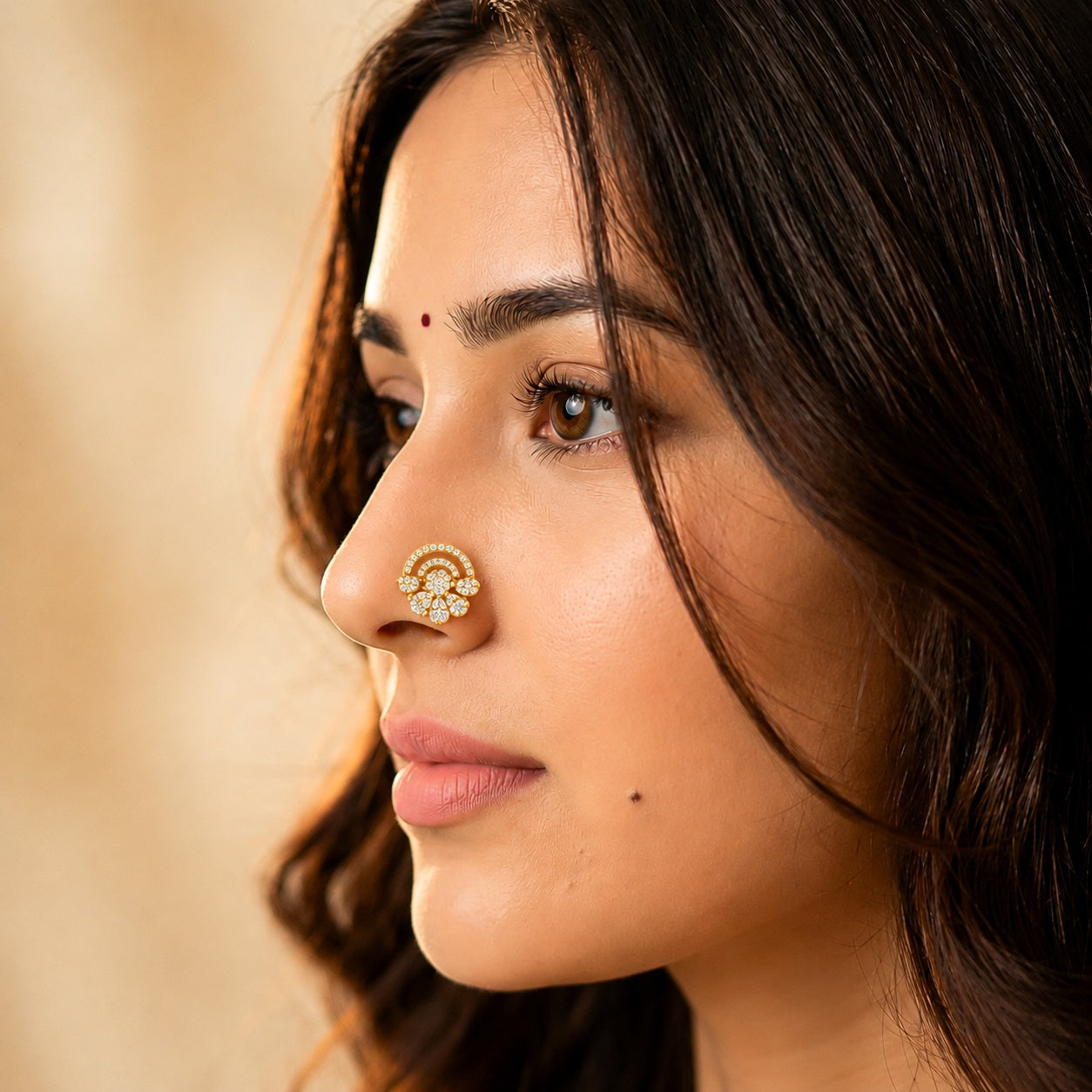 Floral White CZ Nose Pin - Gold Plated 925 Sterling Silver