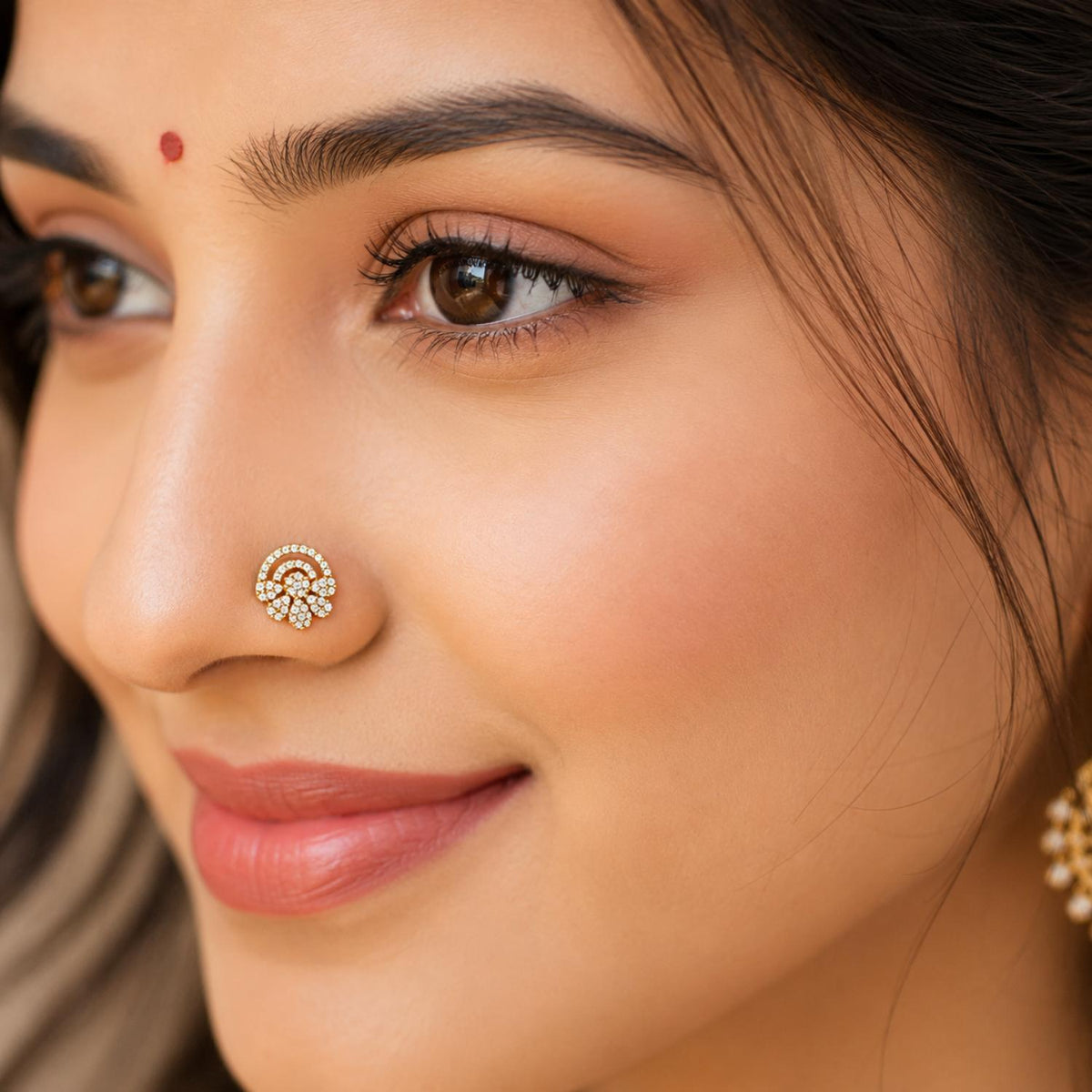 Floral White CZ Nose Pin - Gold Plated 925 Sterling Silver