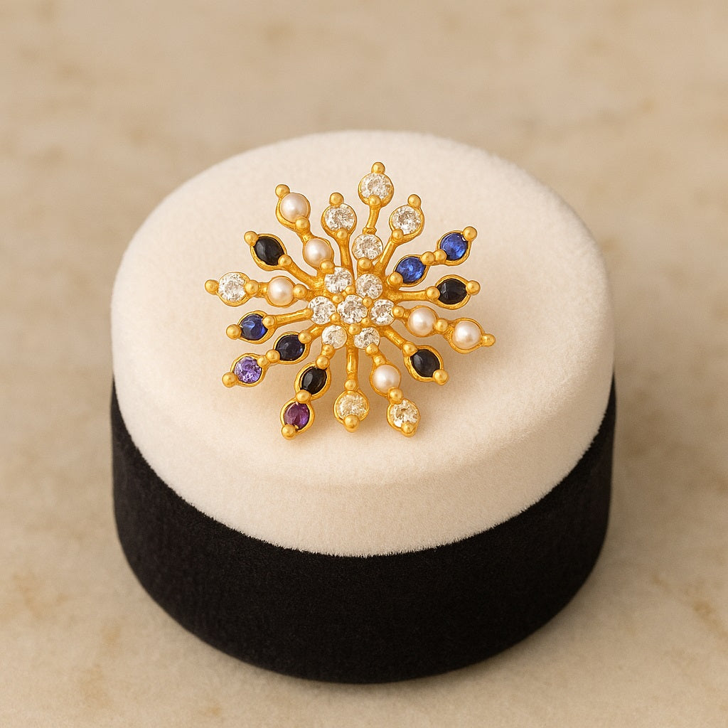 Navratan Multi-Stone Starburst Floral Nose Pin – Sterling Silver Gold Plated