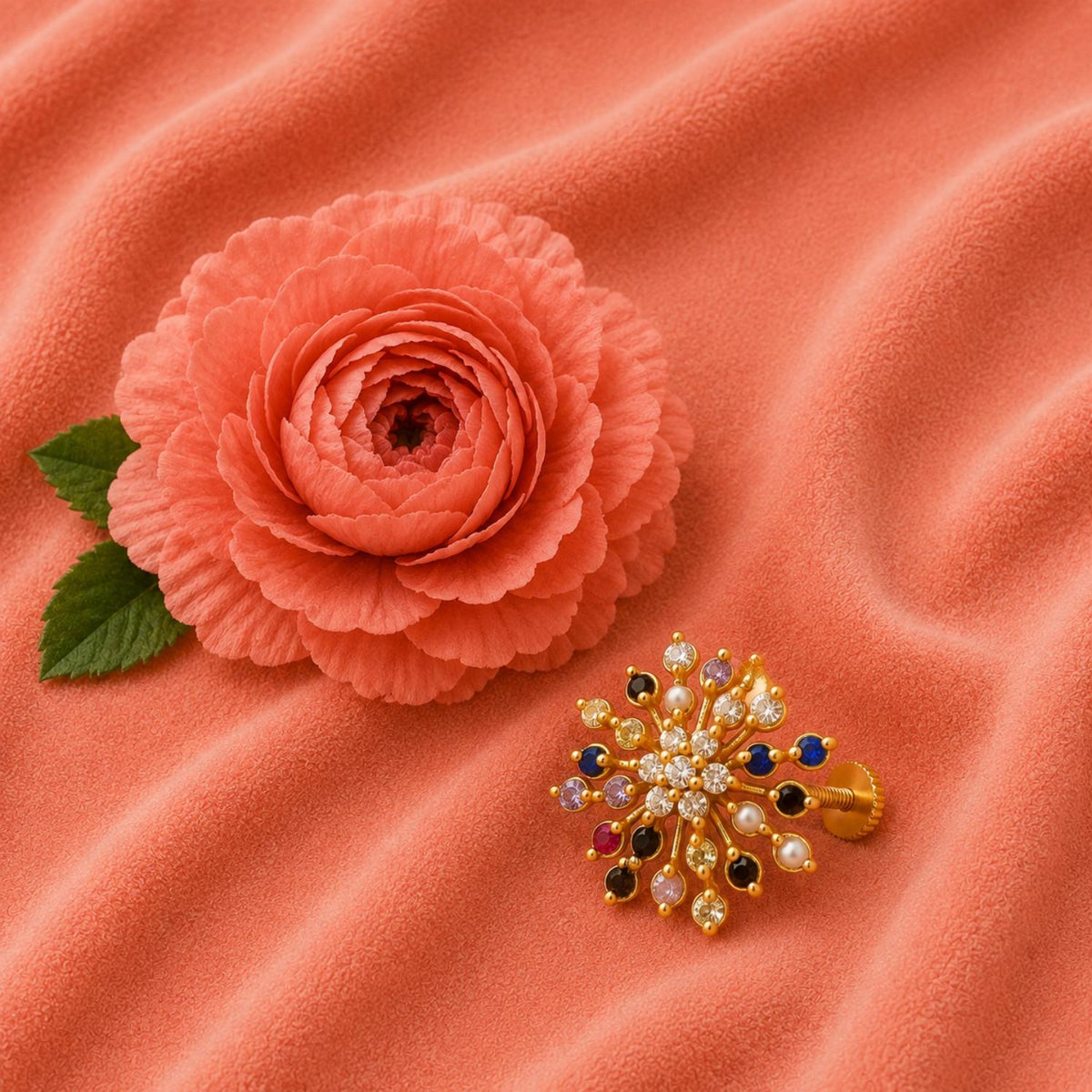 Navratan Multi-Stone Starburst Floral Nose Pin – Sterling Silver Gold Plated