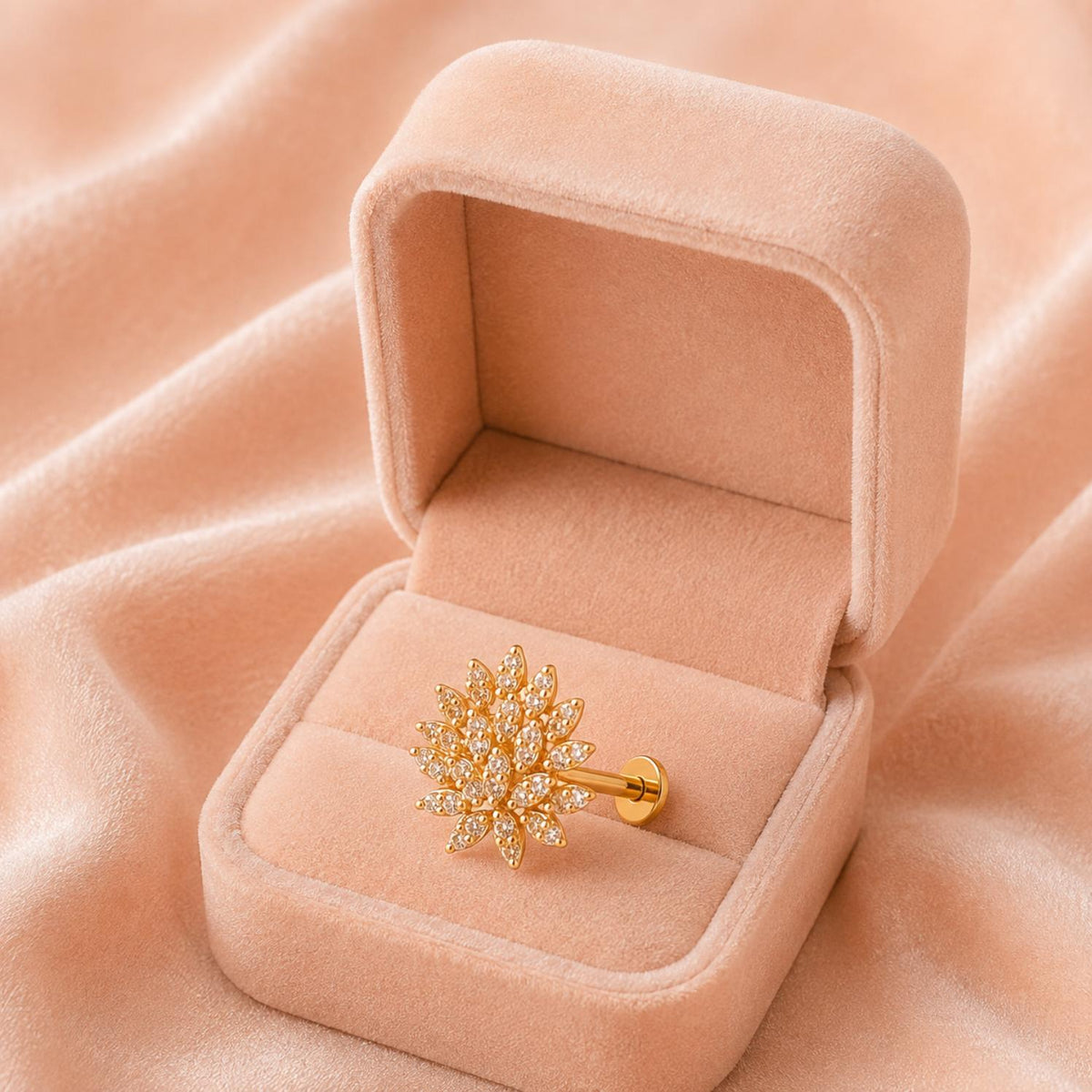 White CZ Petal Burst Design Floral Nose Pin – Sterling Silver Gold Plated