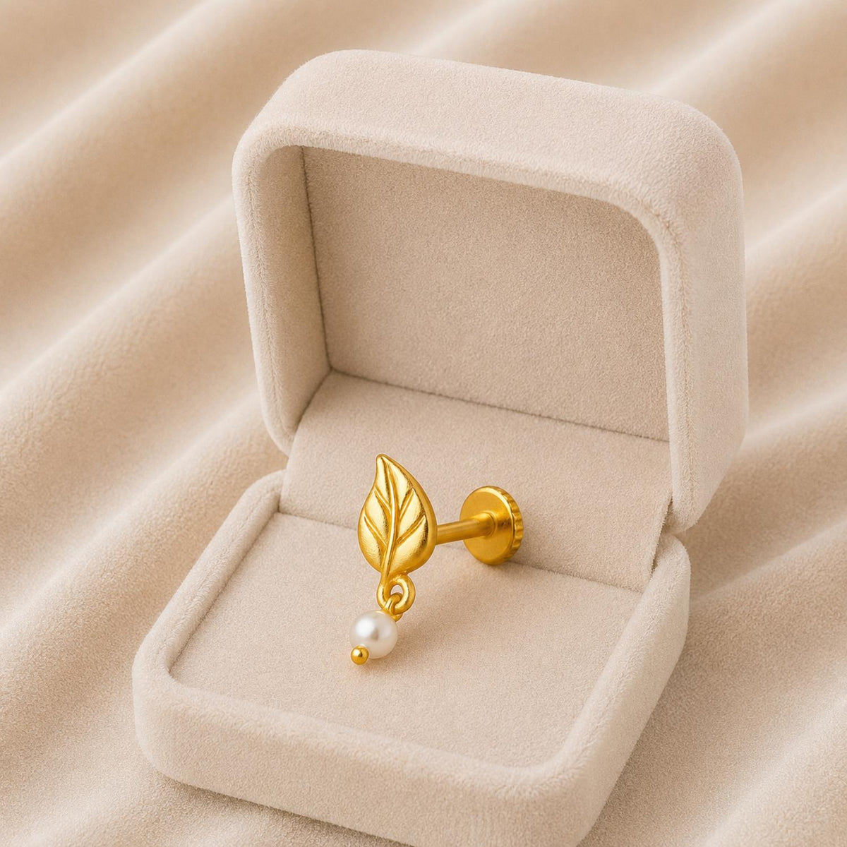 Pearl Drop Leaf Motif Nose Pin – Sterling Silver Gold Plated
