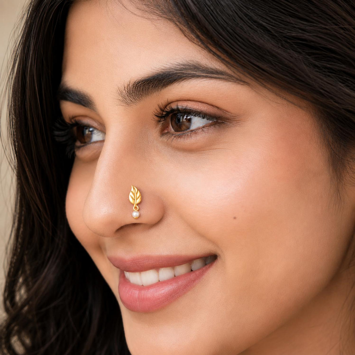 Pearl Drop Leaf Motif Nose Pin – Sterling Silver Gold Plated