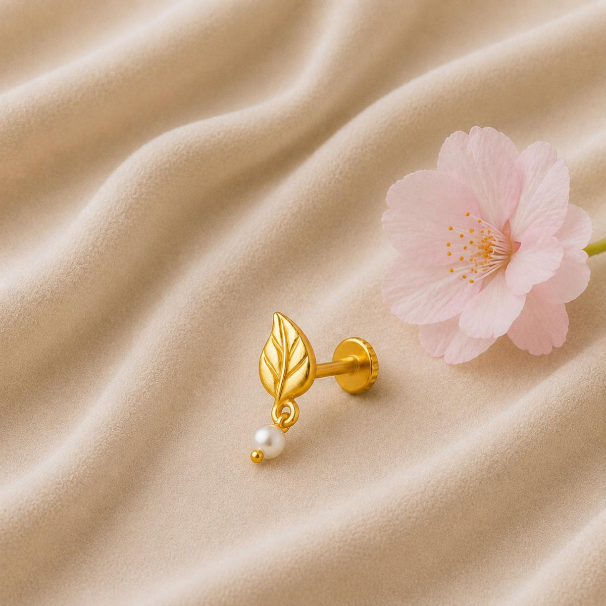 Pearl Drop Leaf Motif Nose Pin – Sterling Silver Gold Plated
