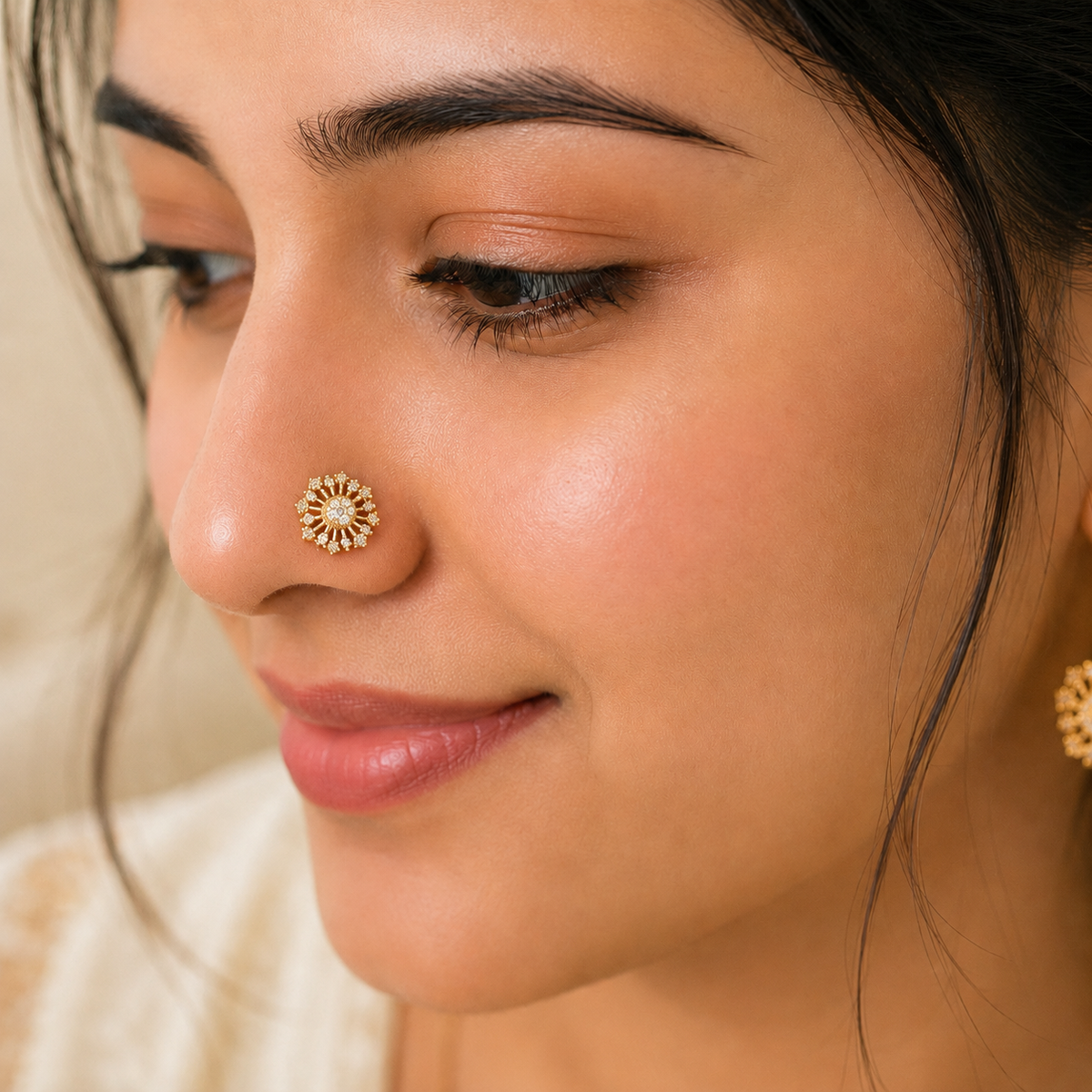 White CZ Sunburst Floral Nose Pin – Sterling Silver Gold Plated