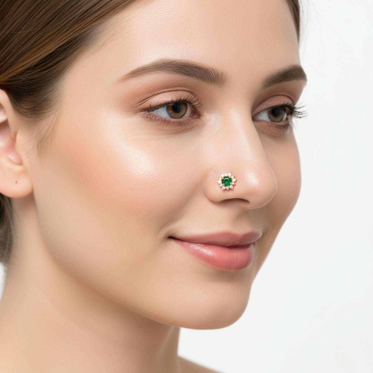 Green CZ Halo Floral Design Nose Pin – Sterling Silver Gold Plated