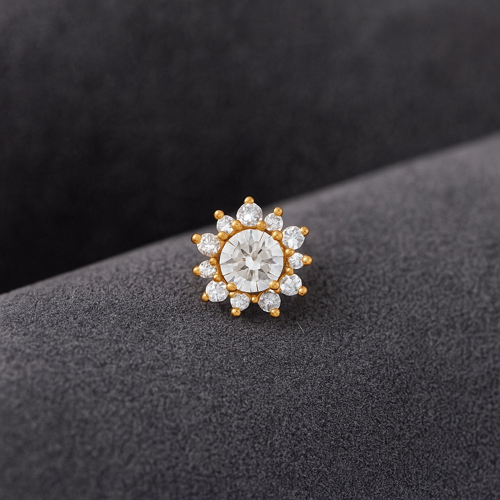 White CZ Halo Floral Design Nose Pin – Sterling Silver Gold Plated