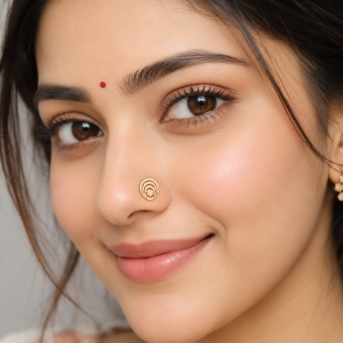 White CZ Concentric Circle Floral Design Nose Pin – Sterling Silver Gold Plated