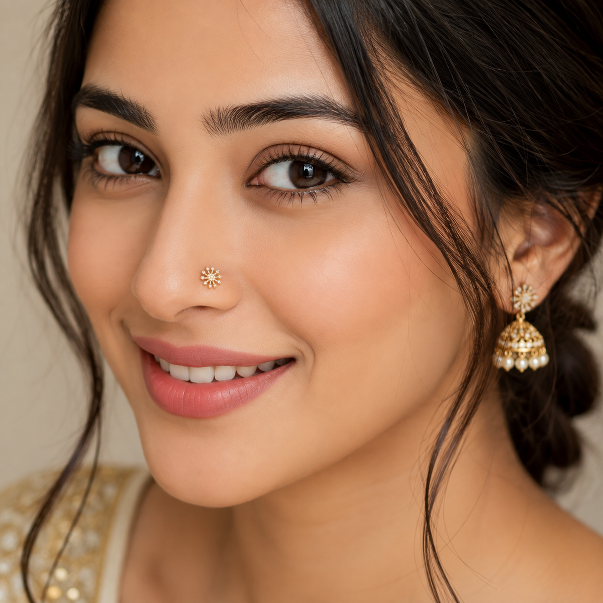 White CZ Floral Burst Design Nose Pin – Sterling Silver Gold Plated