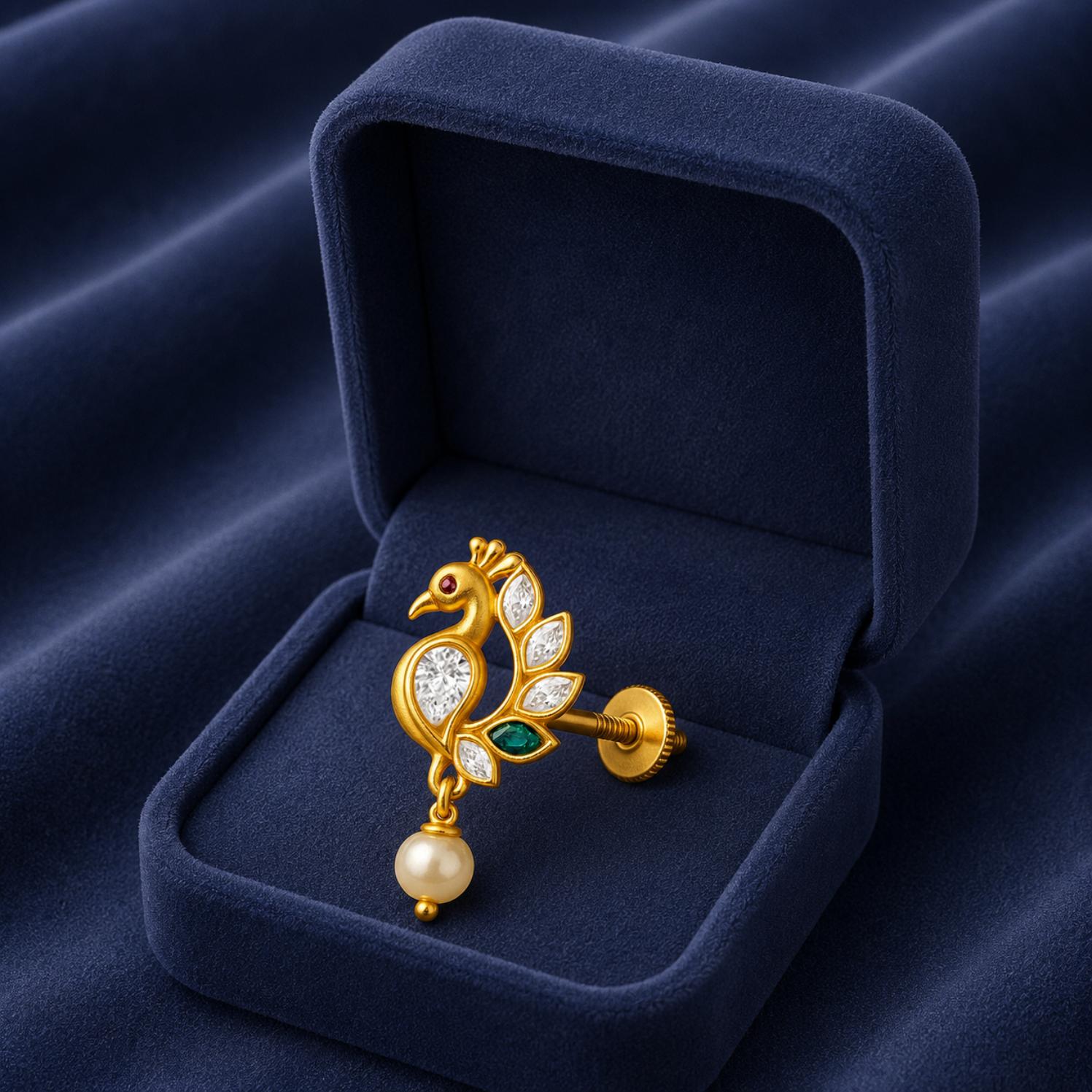 Colorful Peacock Motif with Pearl Drop Nose Pin – Sterling Silver Gold Plated