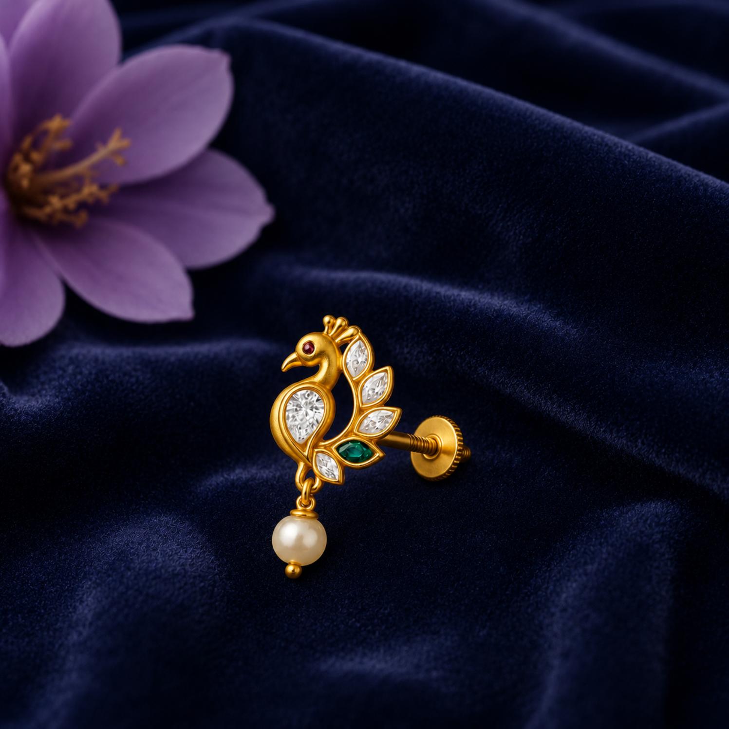 Colorful Peacock Motif with Pearl Drop Nose Pin – Sterling Silver Gold Plated