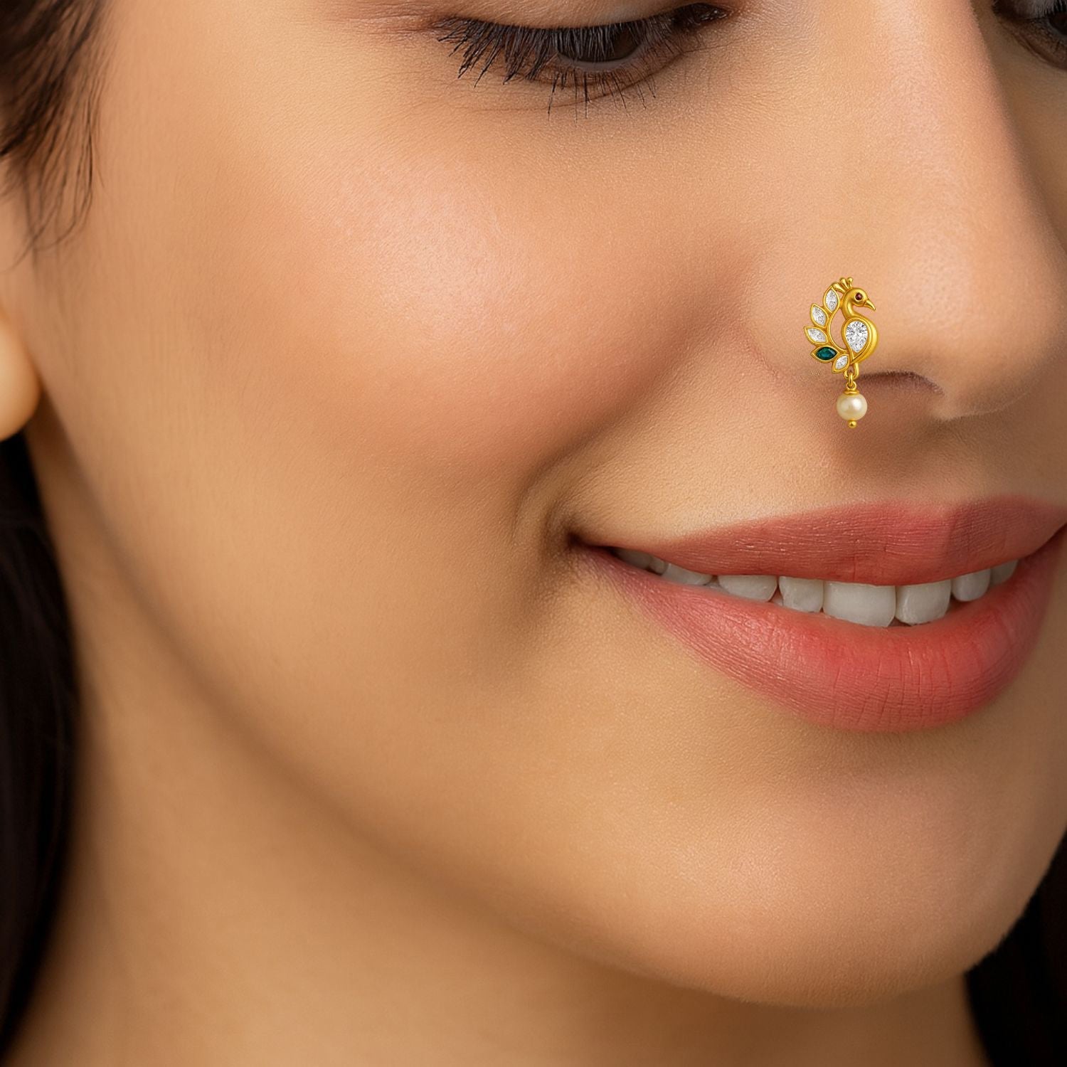 Colorful Peacock Motif with Pearl Drop Nose Pin – Sterling Silver Gold Plated
