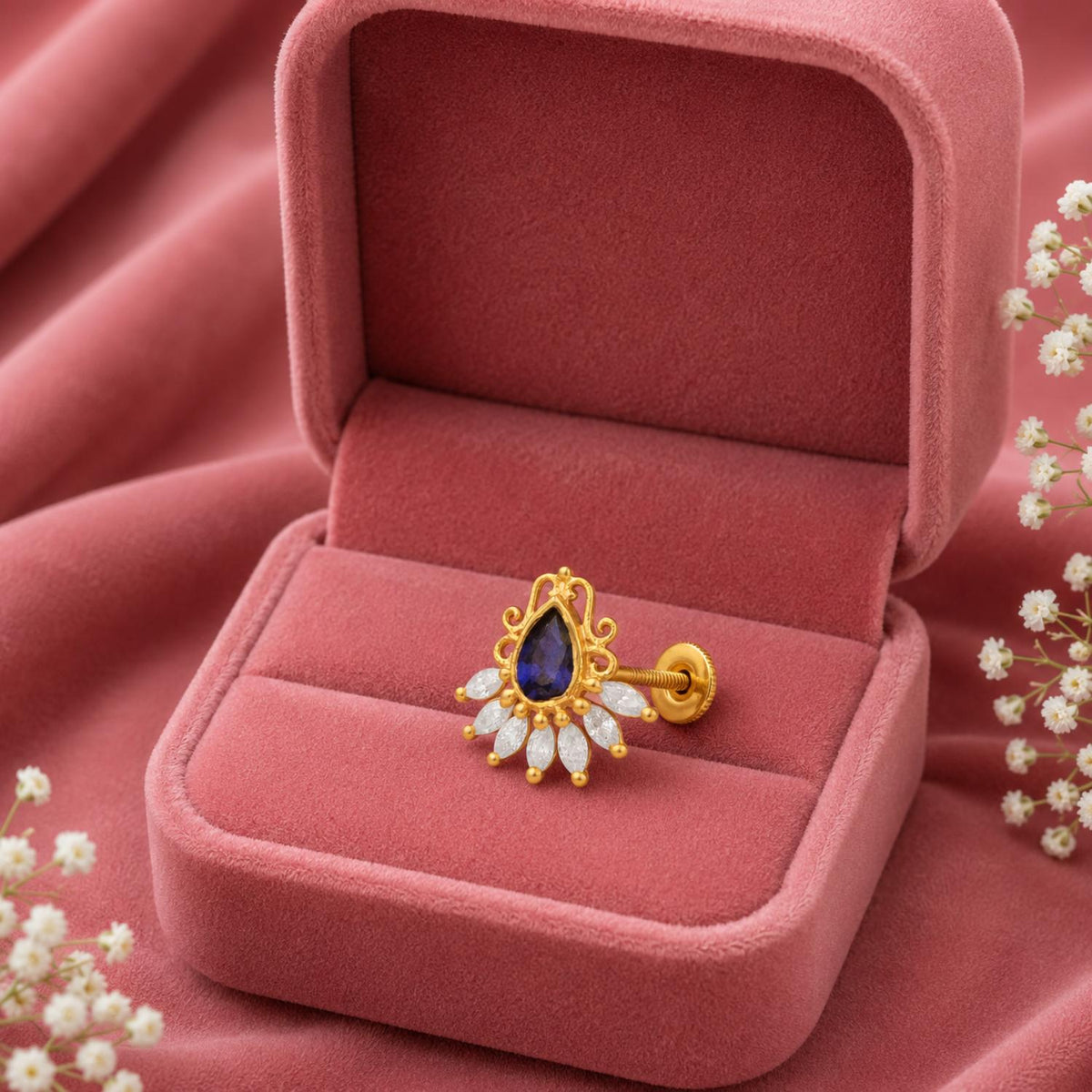 Blue CZ Tear Drop Floral Nose Pin – Sterling Silver Gold Plated
