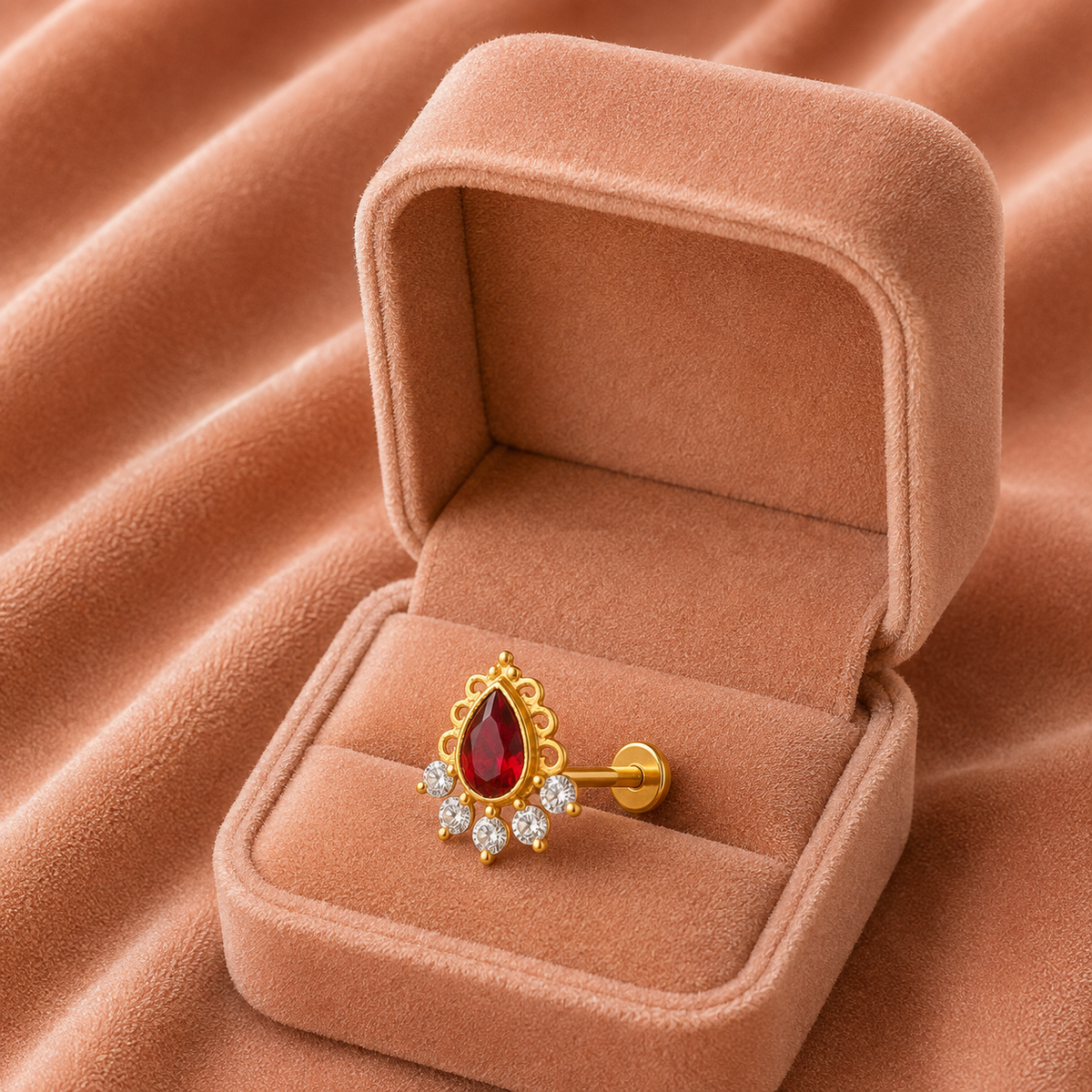 Traditional Halo Ruby CZ Nose Pin – Sterling Silver Gold Plated