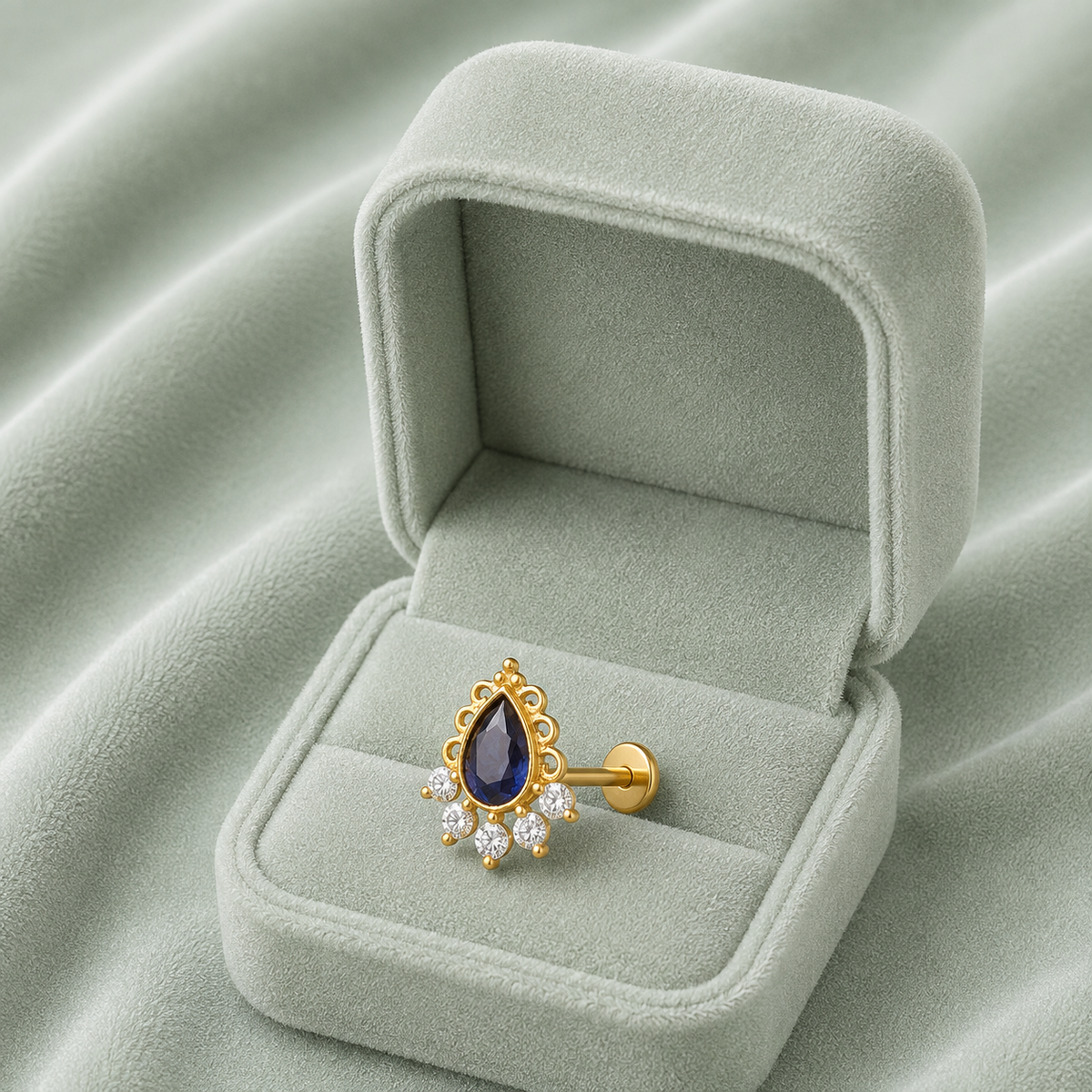 Blue Cz Tear Drop Floral Nose Pin – Sterling Silver Gold Plated