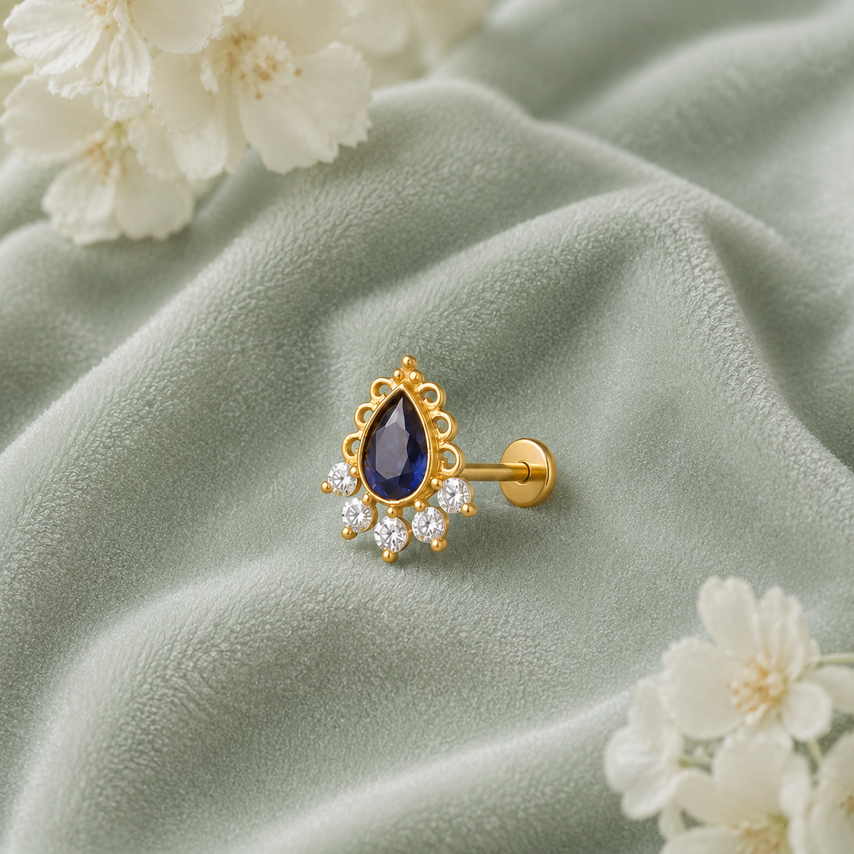Blue Cz Tear Drop Floral Nose Pin – Sterling Silver Gold Plated