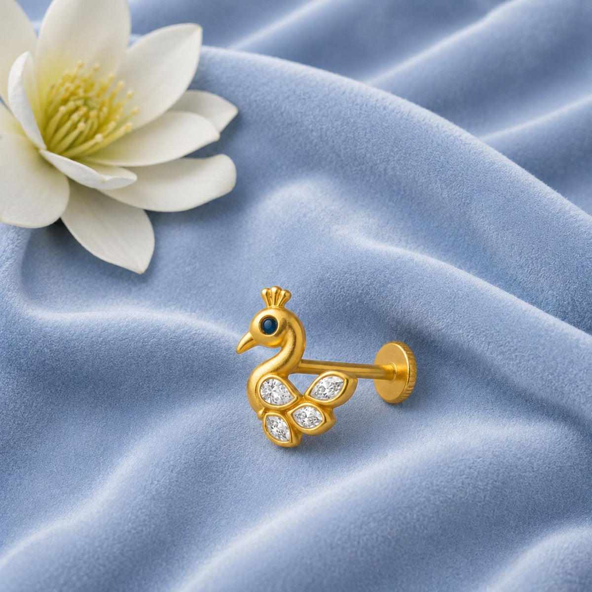 White CZ Feathers Peacock Nose Pin – Sterling Silver Gold Plated