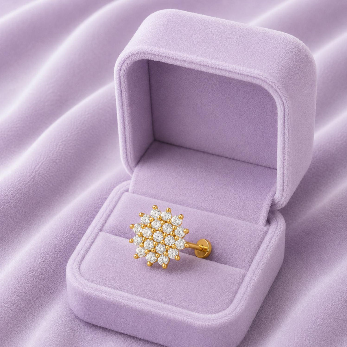White CZ Round Cluster Floral Design Nose pin - Gold Plated 925 Silver