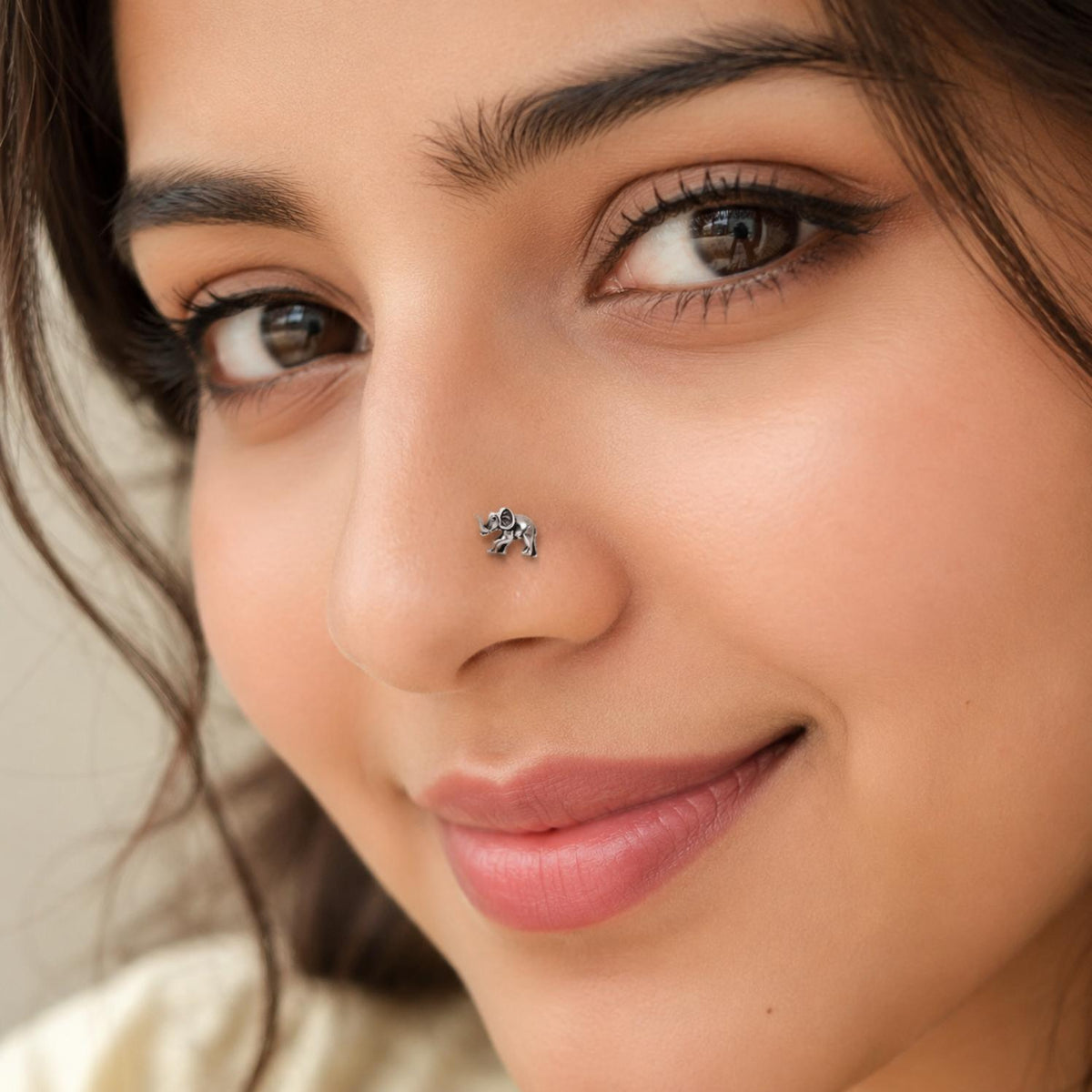 Tribal Animal Elephant Nose Pin - 925 Oxidized Sterling Silver