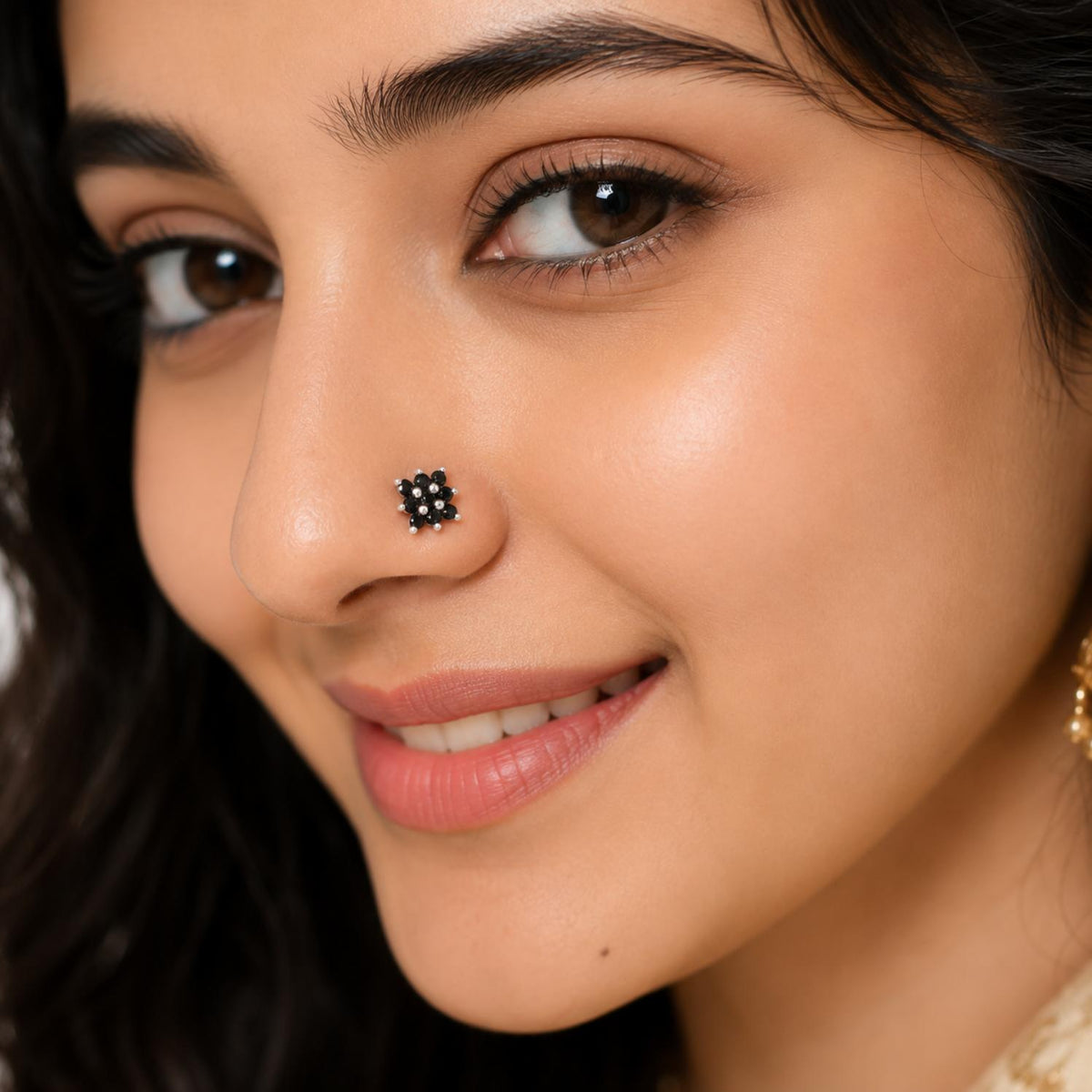 Black Spinel Cluster Floral Nose Pin- 925 Sterling Silver