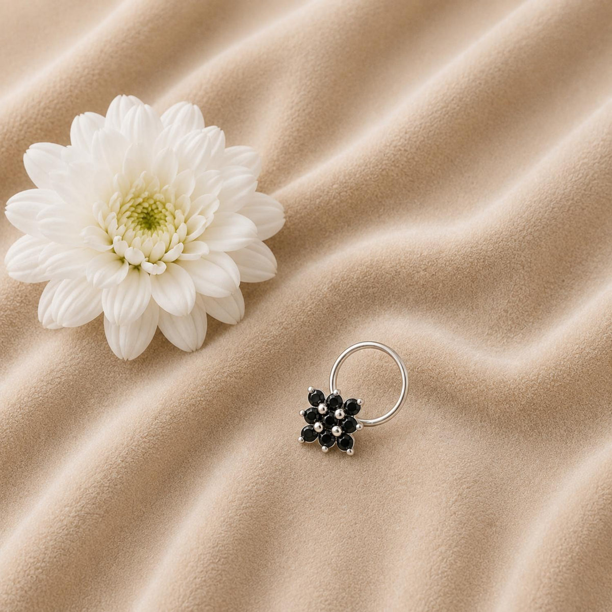 Black Spinel Cluster Floral Nose Pin- 925 Sterling Silver