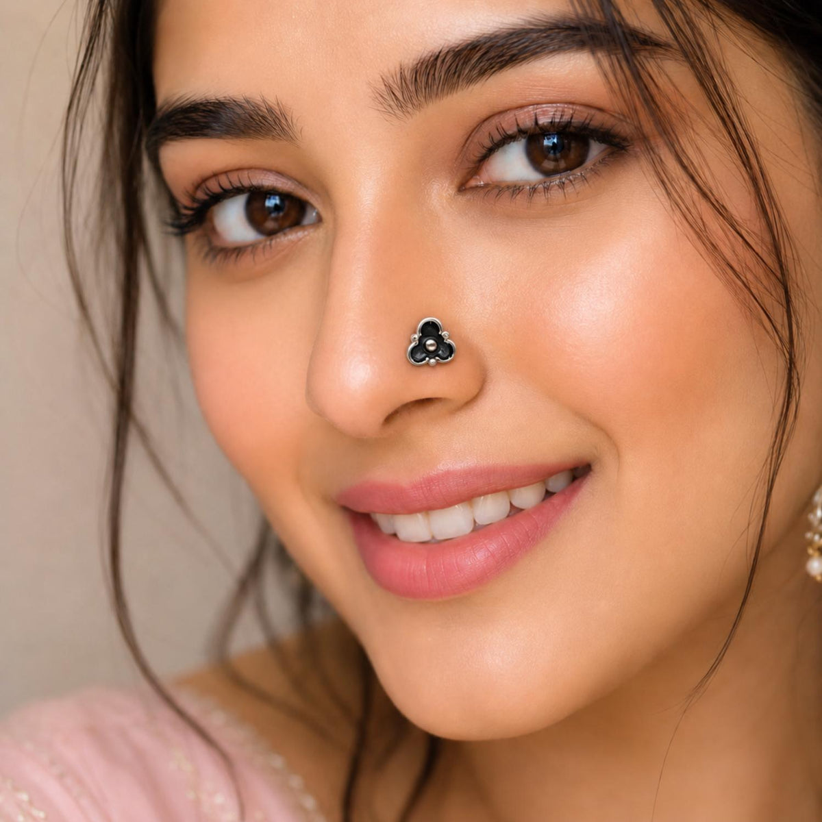 Floral Motif Nose Pin - 925 Oxidized Sterling Silver